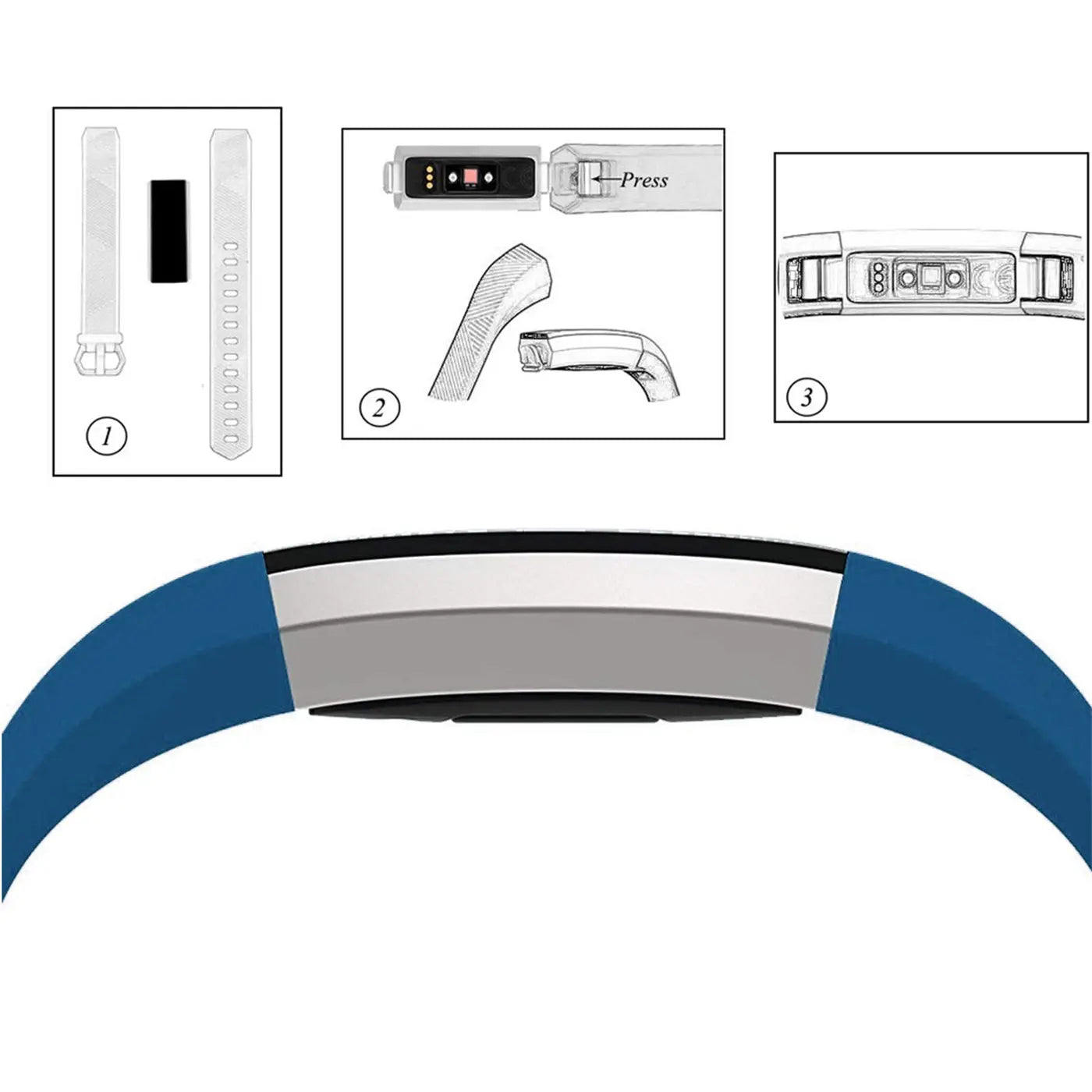 Fitbit Alta/HR Silikonarmband in Blau, seitliche Ansicht mit Montageanleitung (Skizzen) des Trackers.