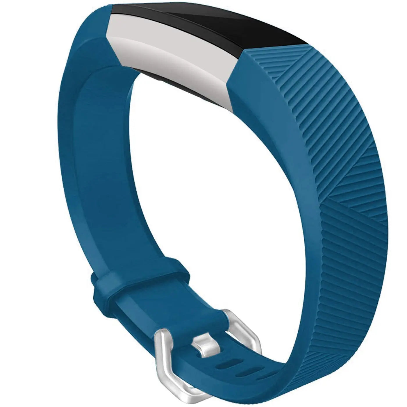 Blaues Silikonarmband für Fitbit Alta/HR, mit silberner Dornschließe und diagonalem Rillenmuster. Schrägansicht.