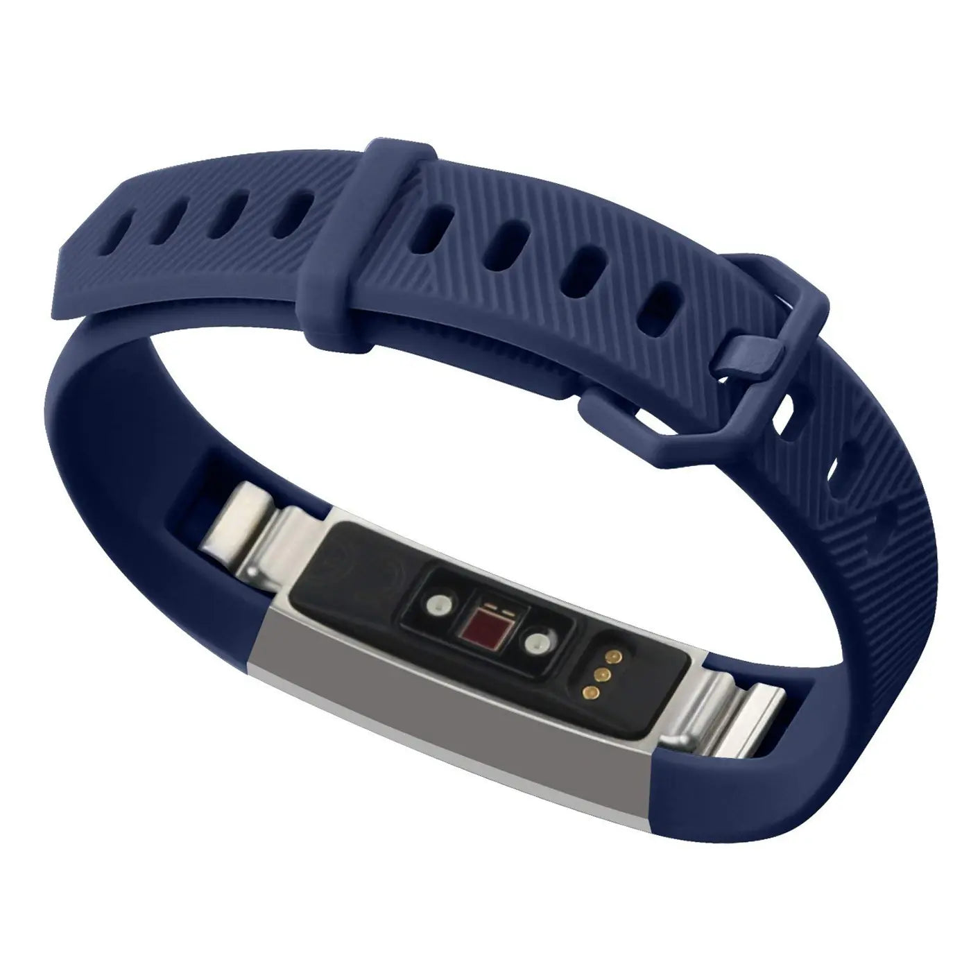 Dunkelblaues Silikonarmband für Fitbit Alta/HR, von oben schräg auf die Unterseite des Trackers blickend.