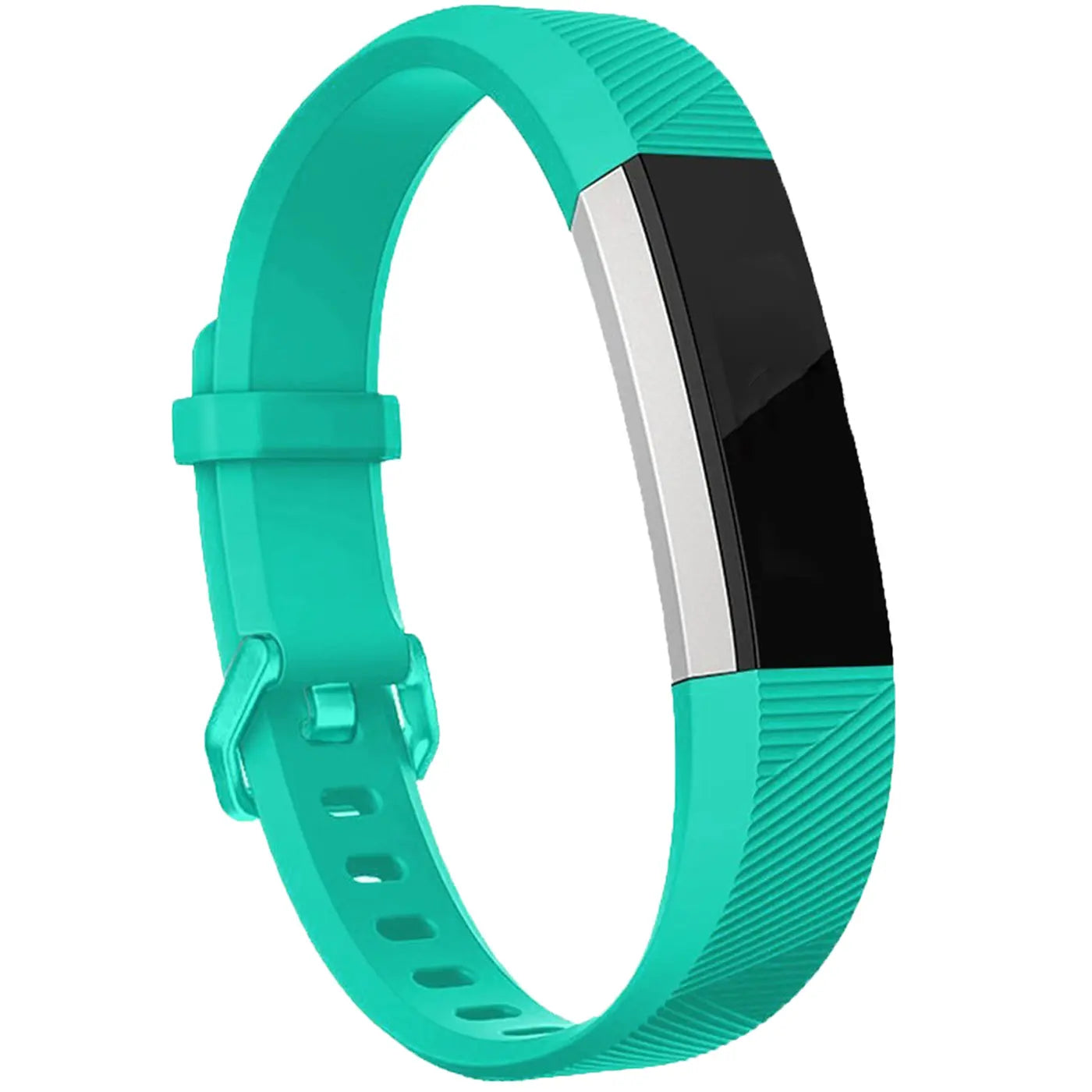 Türkisblaues Silikonarmband für Fitbit Alta/HR, mit silbernem Verschluss und schwarzem Display, schräg von oben.