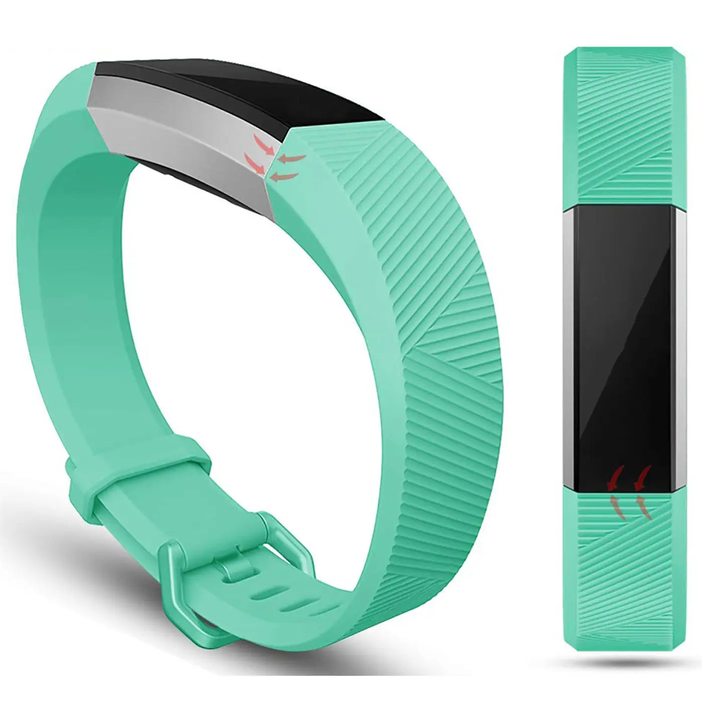 Zwei mintgrüne Silikon-Armbänder für Fitbit Alta/HR. Links gebogen mit Schnalle, rechts gerade, beide mit Muster.