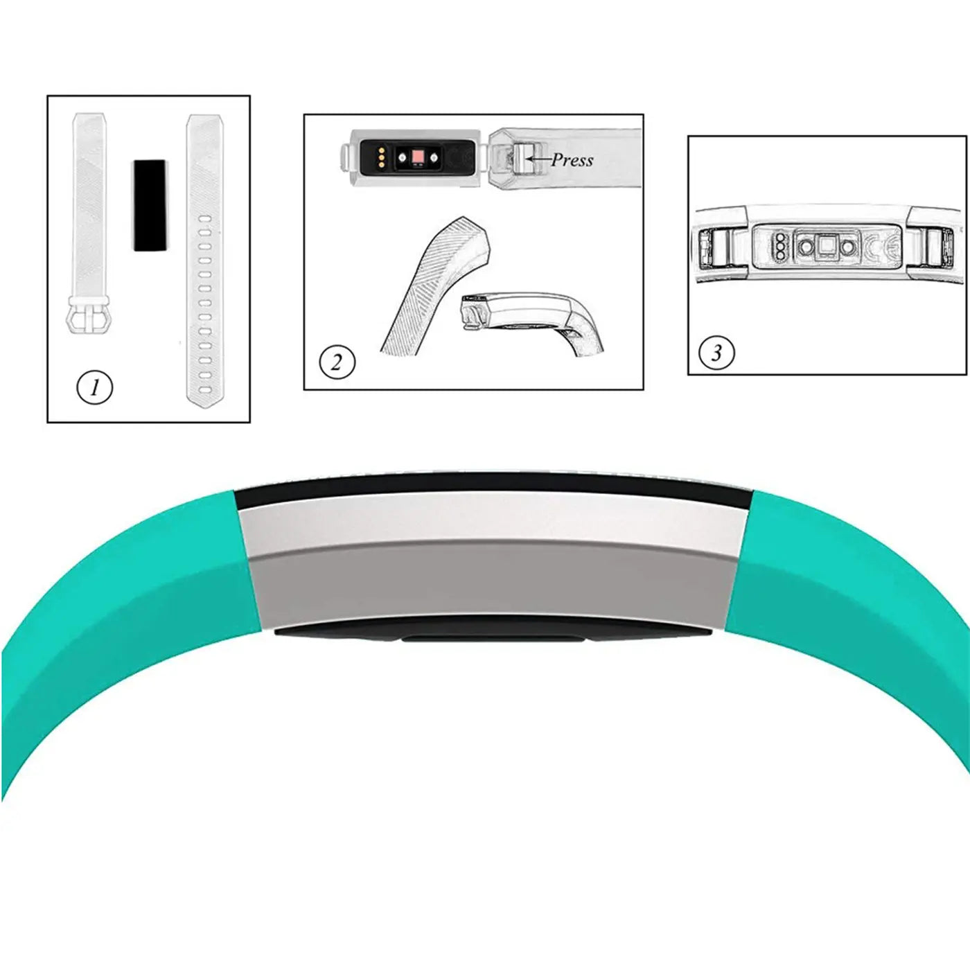 Türkises Silikonarmband für Fitbit Alta/HR, von oben mittig, mit drei Anleitungsbildern zur Montage.