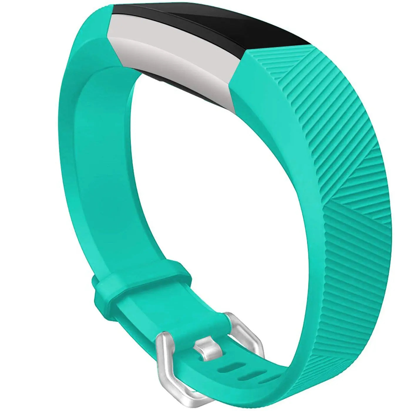Türkises Silikonarmband für Fitbit Alta/HR mit silberner Schnalle, von oben rechts gesehen, auf weißem Hintergrund.