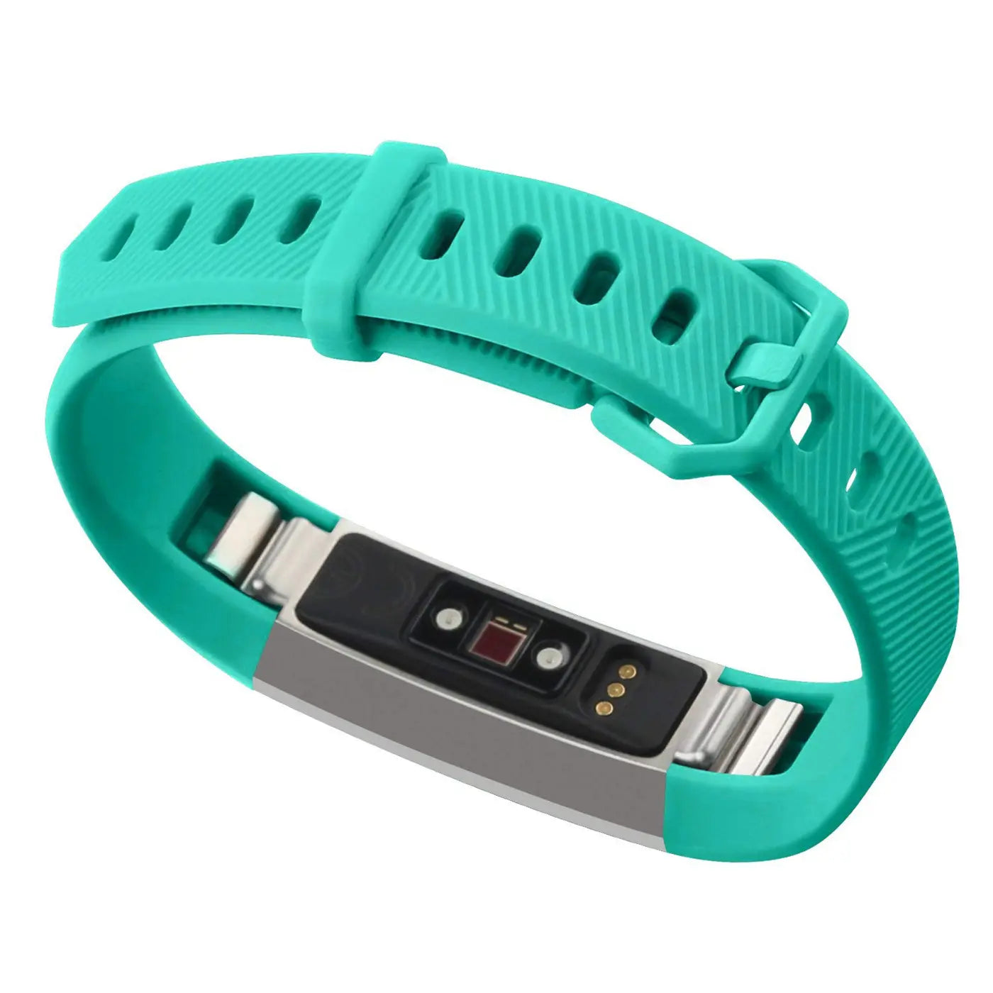 Türkisgrünes Silikonarmband für Fitbit Alta/HR, mit Schnalle und Rillen, schräg von oben auf weißem Hintergrund.