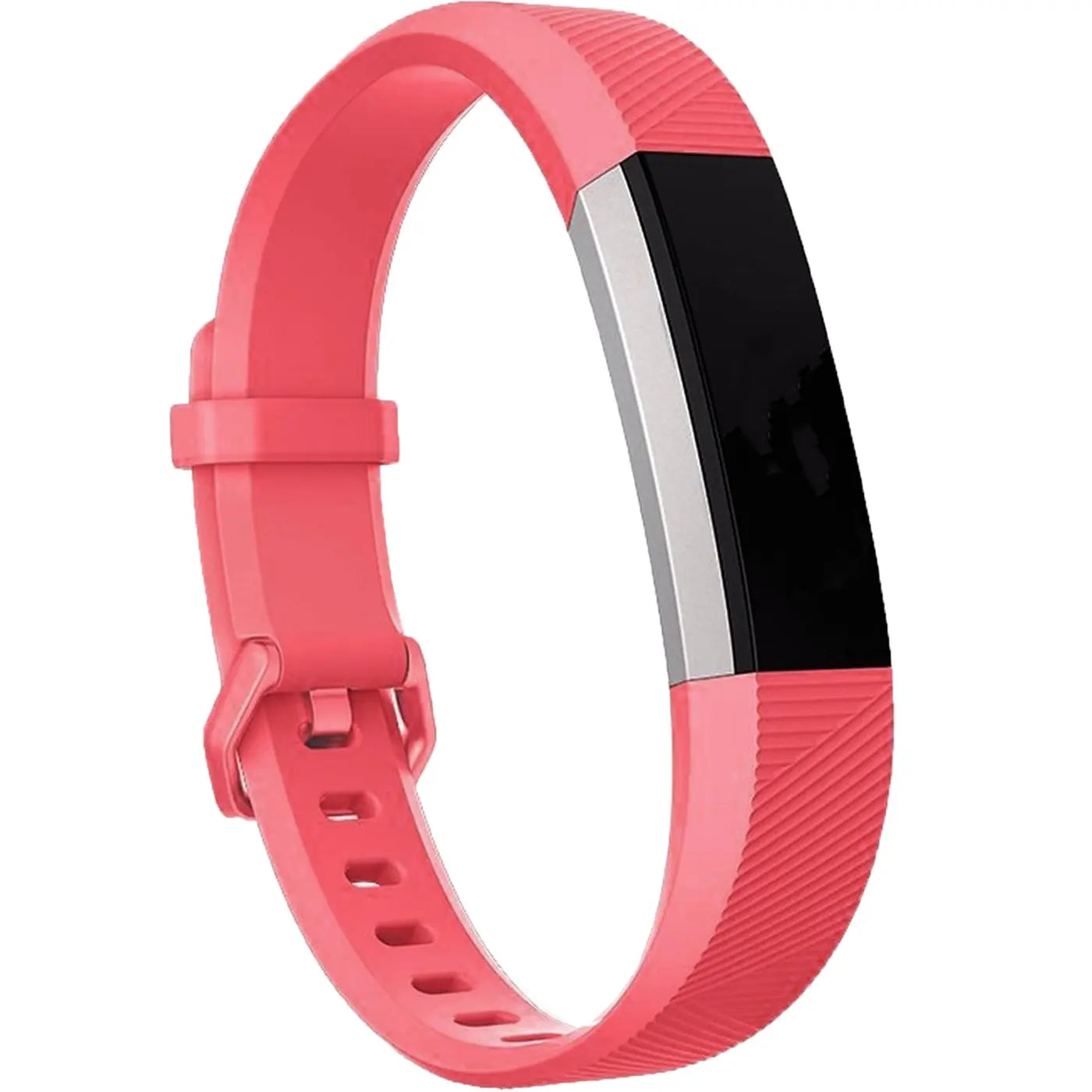 Fitbit Alta/HR Silikonarmband in Koralle, leicht schräg von oben, mit schwarzem Display und silbernem Rahmen.