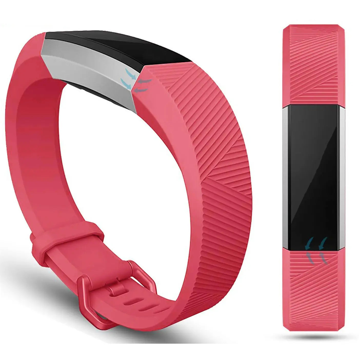 Pinkes Silikonarmband für Fitbit Alta/HR, mit strukturiertem Muster. Links gebogen, rechts gerade von oben.