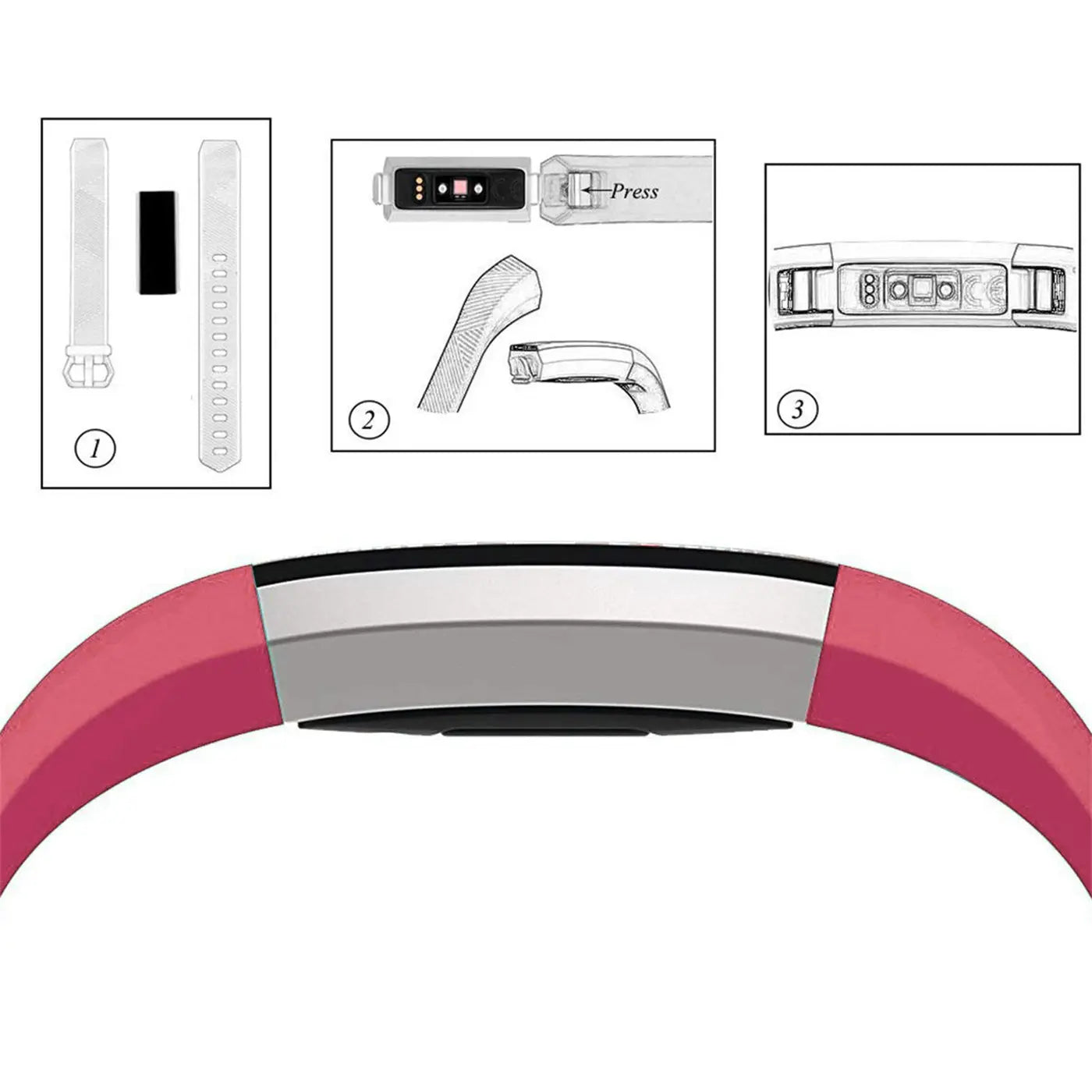 Rosa Silikonarmband für Fitbit Alta/HR, von oben. Oben: 3 Grafiken zur Montage des Trackers.