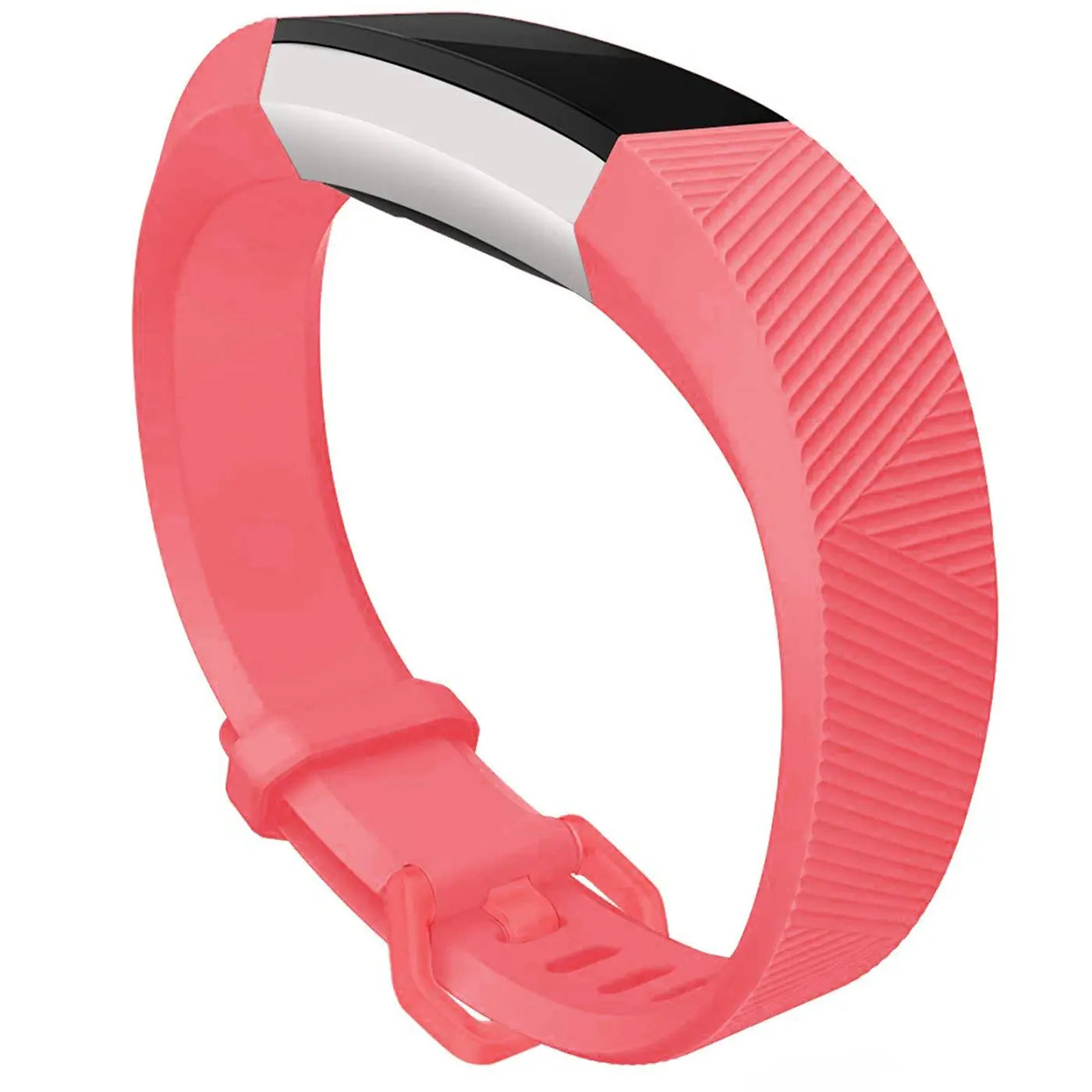 Fitbit Alta/HR Armband aus pinkem Silikon, leicht schräg von oben, mit silbernem und schwarzem Tracker-Einsatz.