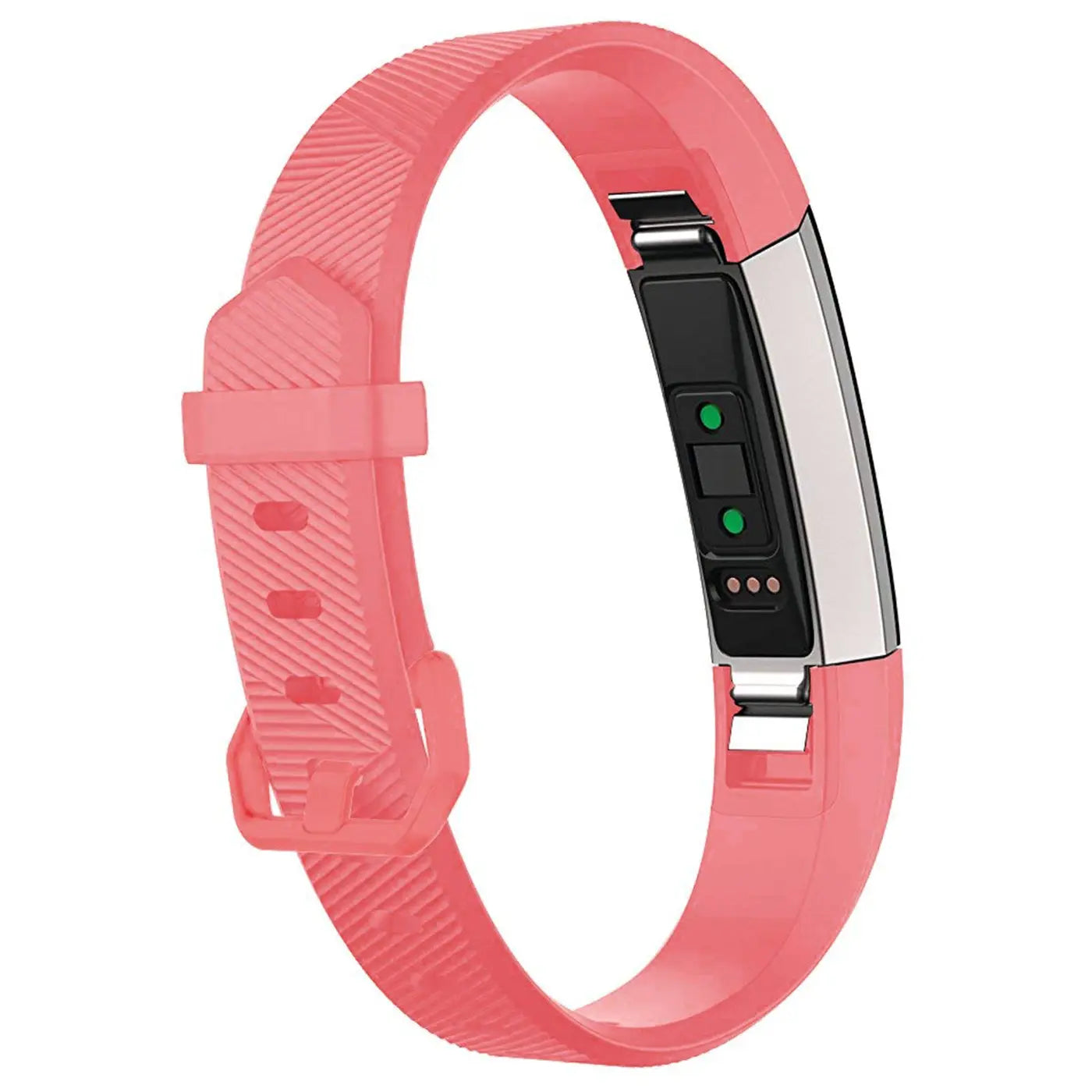 Fitbit Alta/HR Armband aus rosa Silikon mit silbernem Tracker, von oben leicht schräg fotografiert.