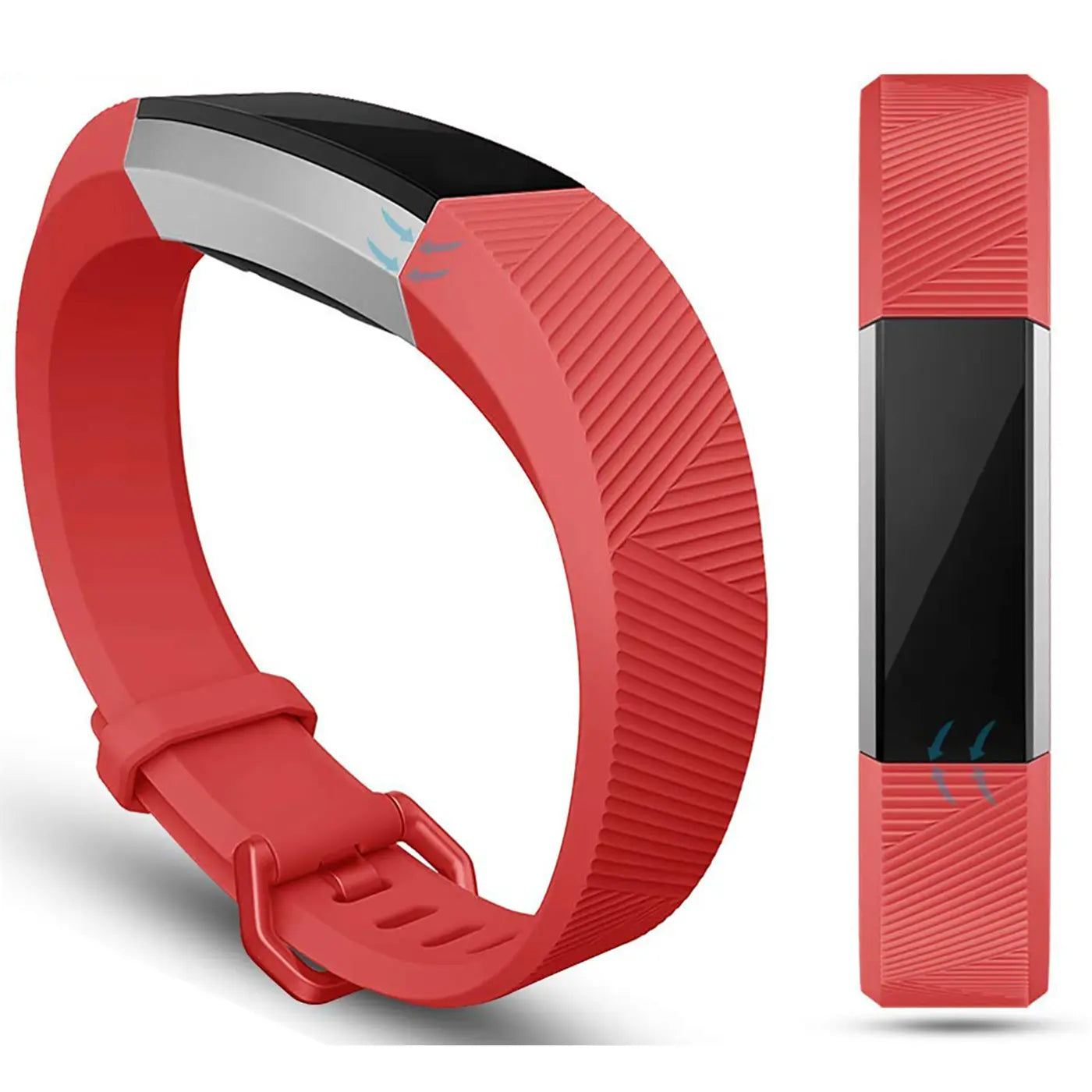 Rotes Silikonarmband für Fitbit Alta/HR, schräg von oben und frontal abgebildet, mit strukturiertem Muster.