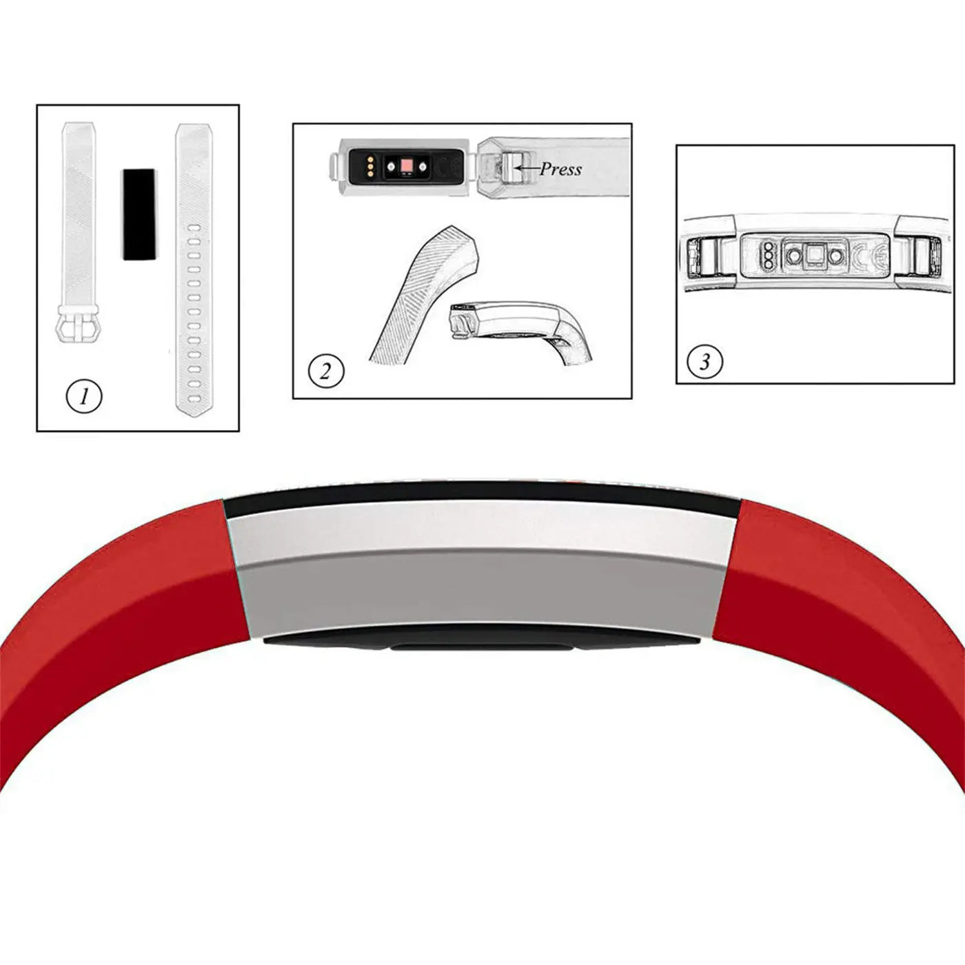 Rotes Silikonarmband für Fitbit Alta/HR, von oben. Oben links: Montageanleitung mit Armbandteilen und Tracker.