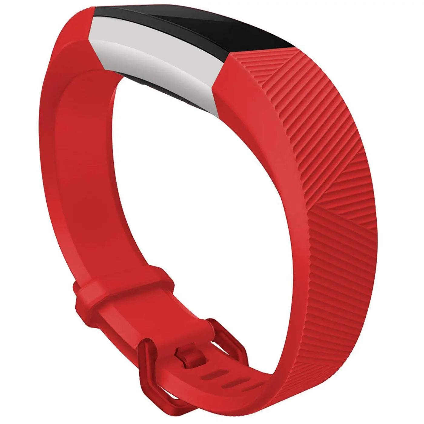 Rotes Silikonarmband für Fitbit Alta/HR, mit silbernem Gehäuse und schwarzem Display, schräg von oben.