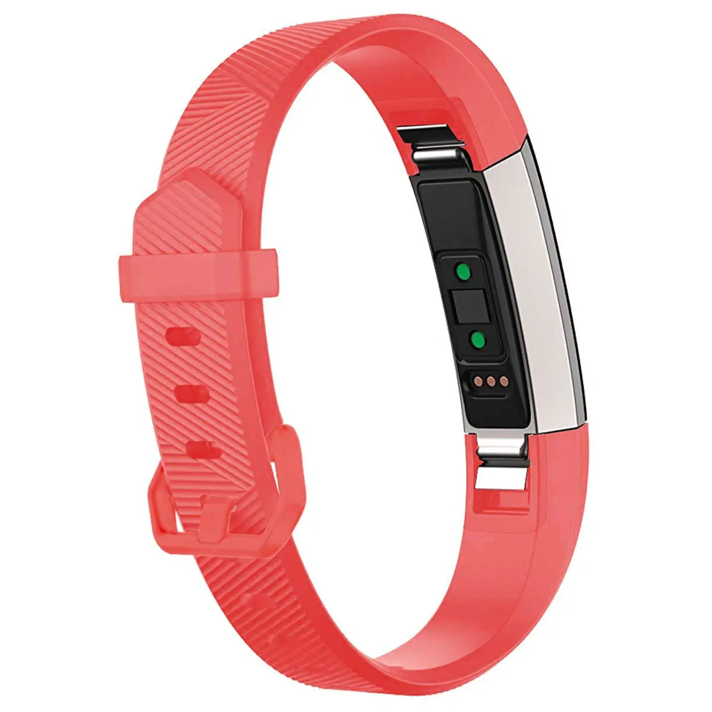 Korallenrotes Silikonarmband für Fitbit Alta/HR mit silbernem Tracker, von oben leicht schräg auf weißem Hintergrund.