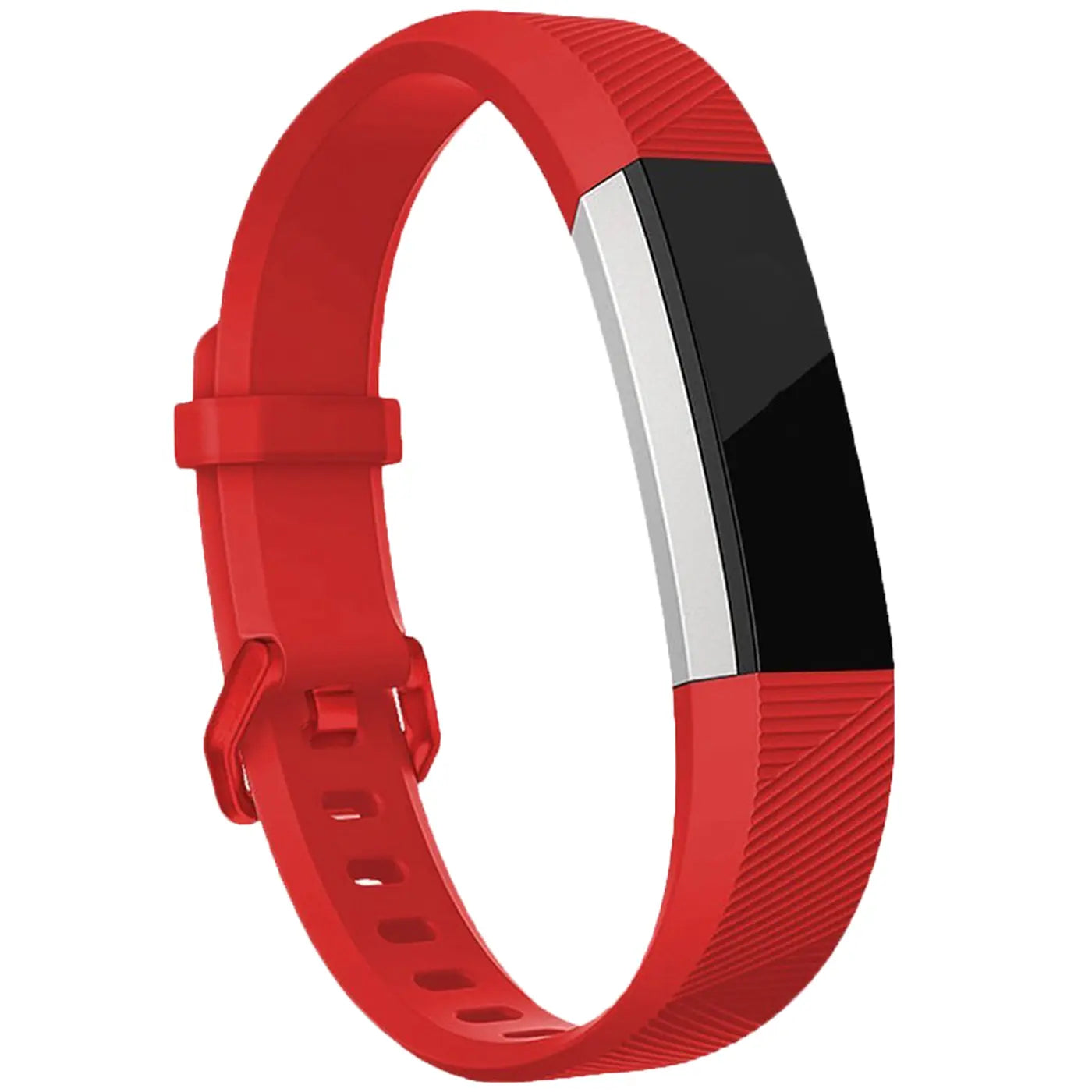 Rotes Silikonarmband für Fitbit Alta/HR, mit schwarzem Display und silbernem Rahmen, von vorne leicht schräg.