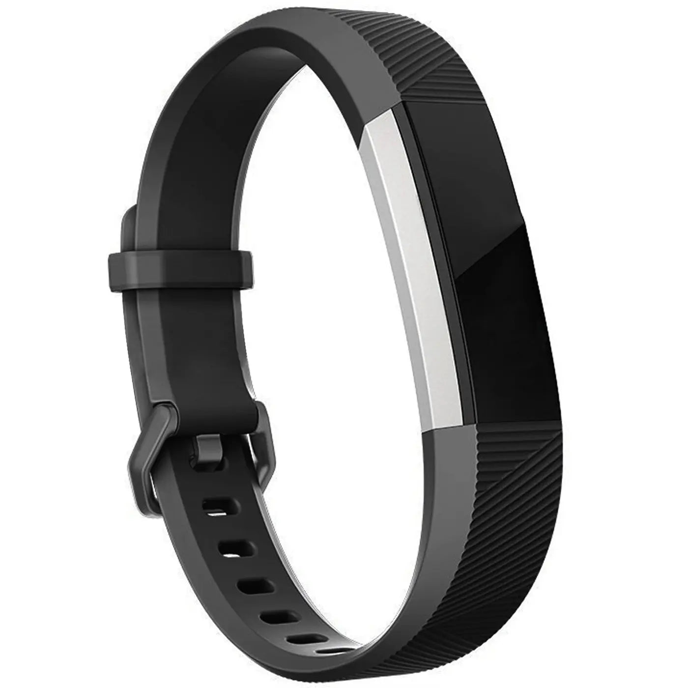 Schwarzes Silikonarmband für Fitbit Alta/HR, mit silbernem Verschluss und Rillenmuster, schräg von oben.