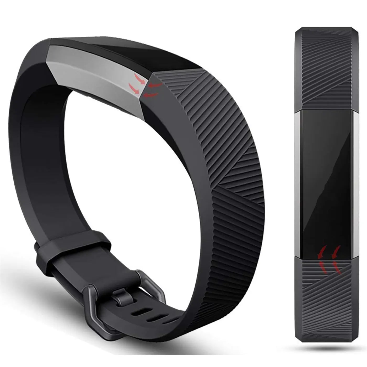 Schwarzes Silikonarmband für Fitbit Alta/HR, mit Schnalle, schräg von oben und von der Seite gezeigt.