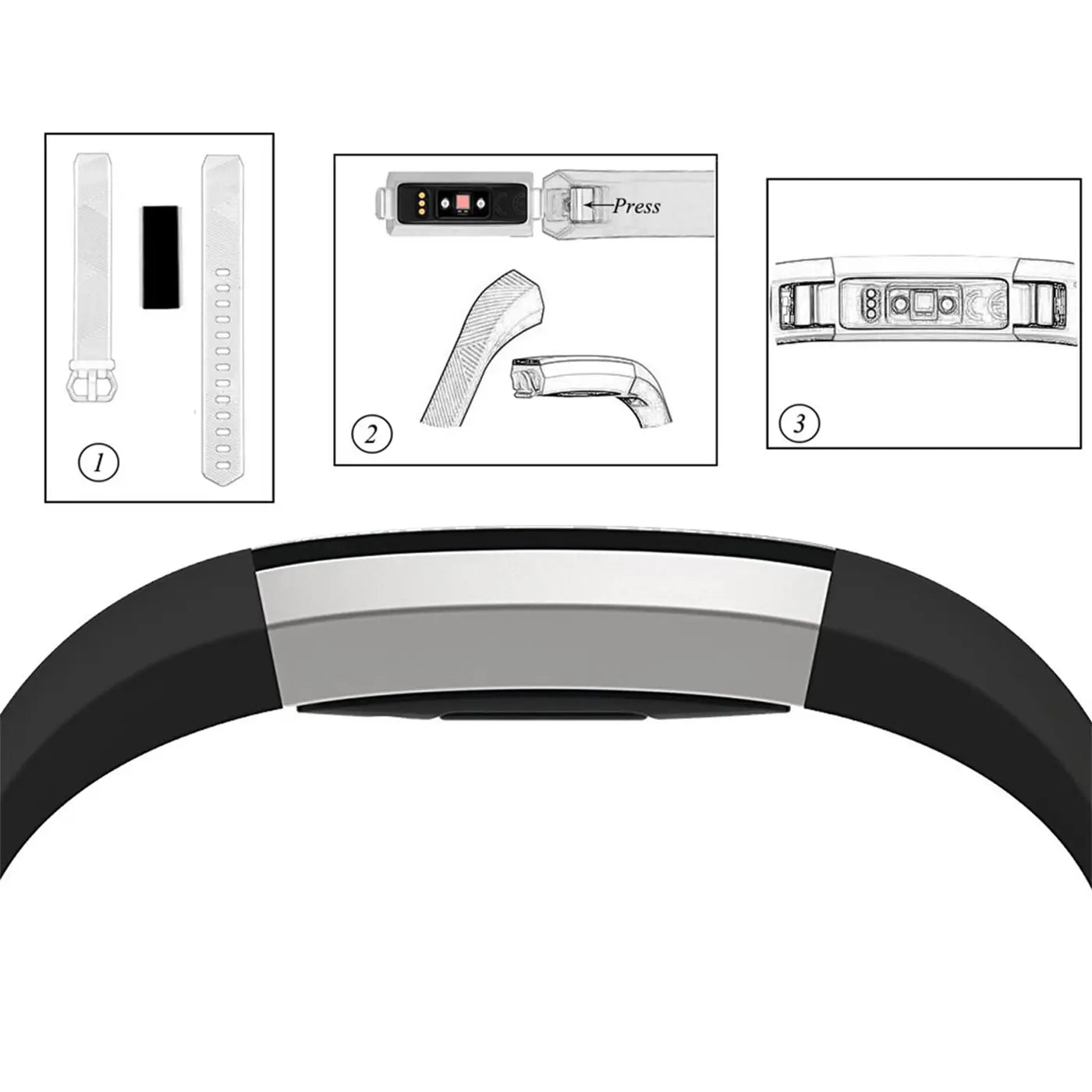 Fitbit Alta/HR Silikonarmband, schwarz, von oben. Oben: Montageanleitung für das Armband und den Tracker.