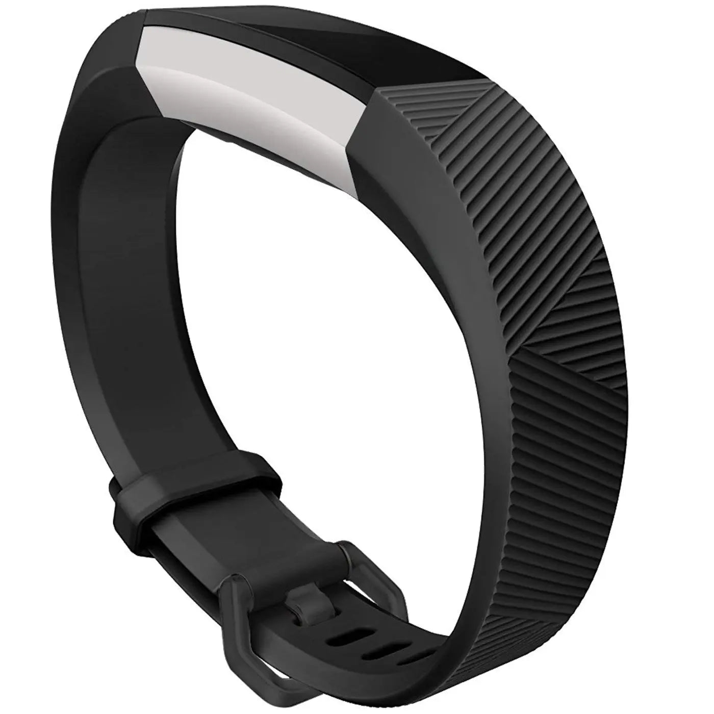 Schwarzes Silikonarmband für Fitbit Alta/HR, mit silbernem Gehäuse und strukturiertem Muster, schräg von oben.