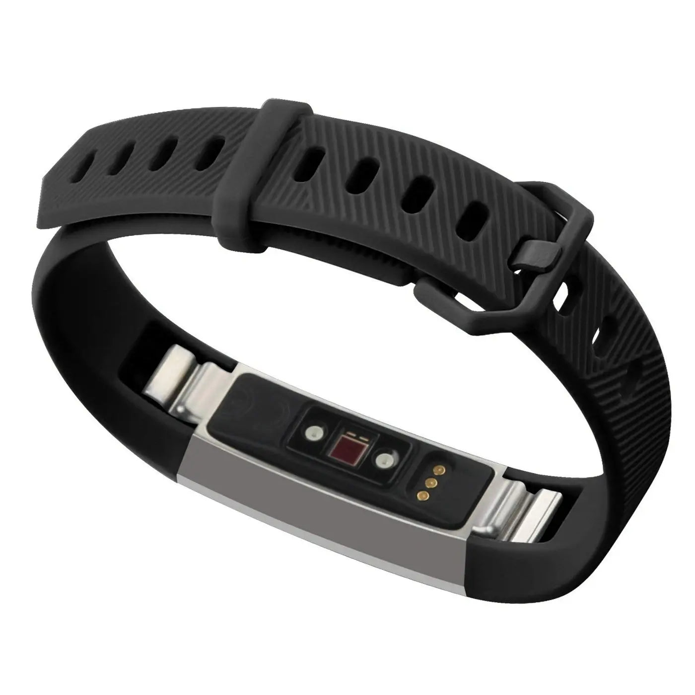 Schwarzes Silikonarmband für Fitbit Alta/HR, mit silbernem Tracker und Sensoren, schräg von oben.