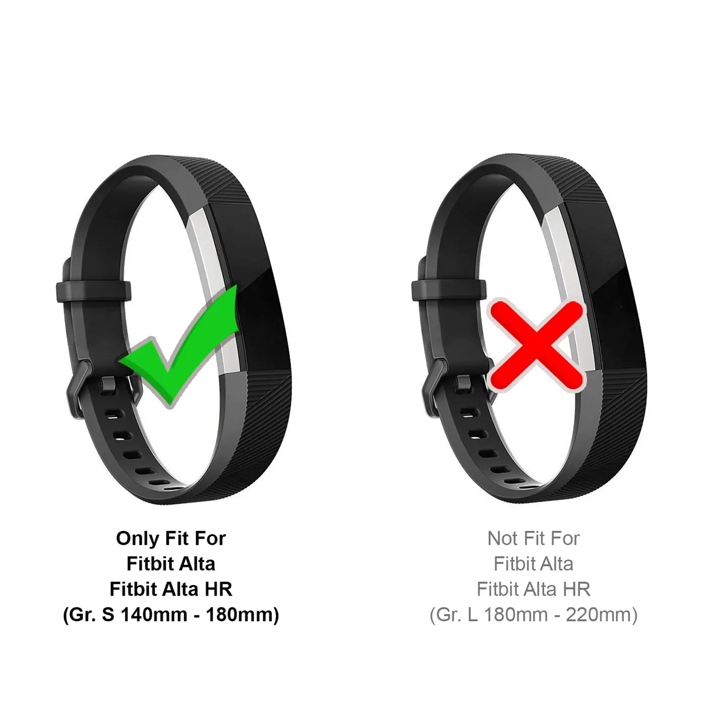 Zwei schwarze Silikon-Armbänder für Fitbit Alta/HR, von oben. Links mit grünem Haken (Gr. S), rechts mit rotem X (Gr. L).