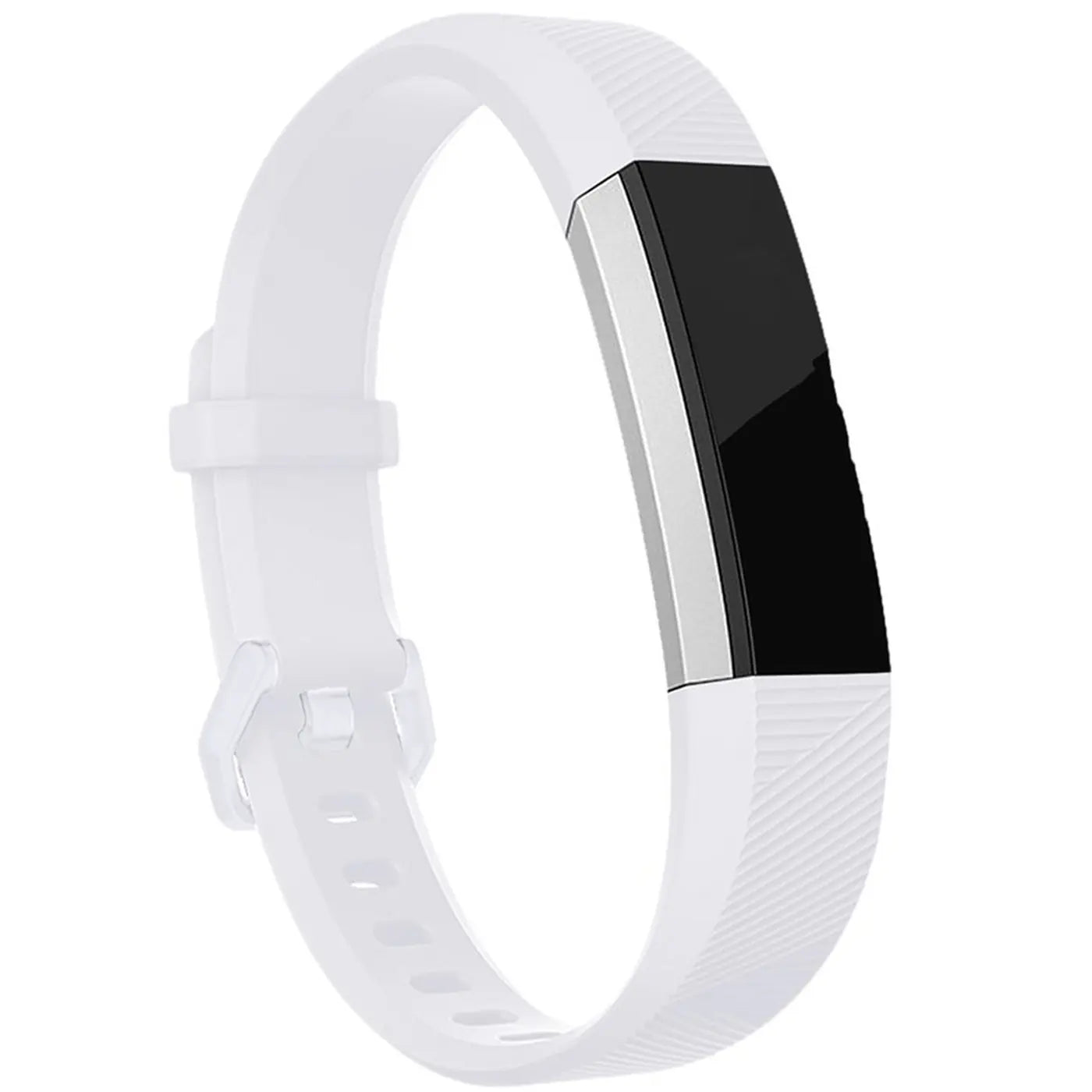 Weißes Silikonarmband für Fitbit Alta/HR, mit schwarzem Display und silbernem Rahmen, von schräg oben.