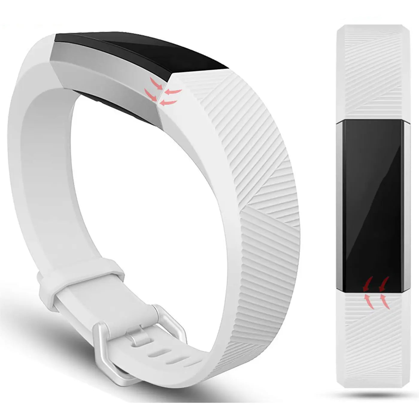 Weißes Silikonarmband für Fitbit Alta/HR, mit Schnalle, von oben links und frontal von rechts gezeigt.