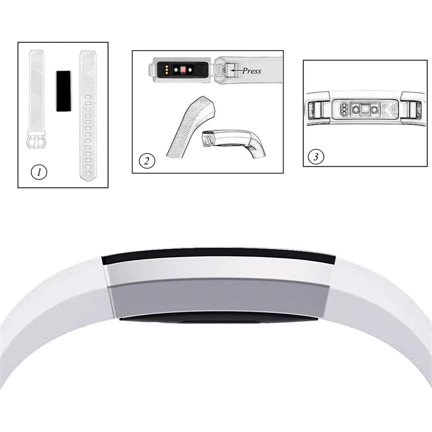 Weißes Silikonarmband für Fitbit Alta/HR, mit drei Detailansichten zur Montage des Trackers.