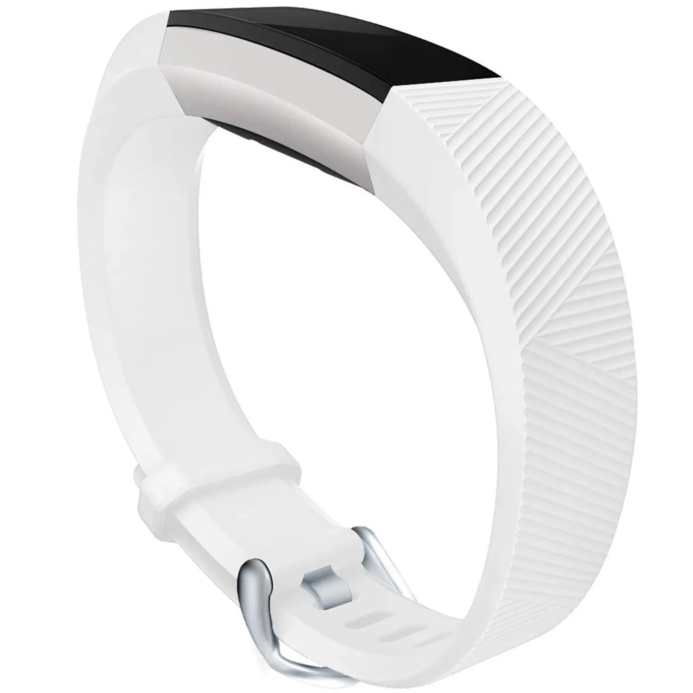 Weißes Silikon-Armband für Fitbit Alta/HR mit silberner Schnalle, von oben rechts fotografiert.