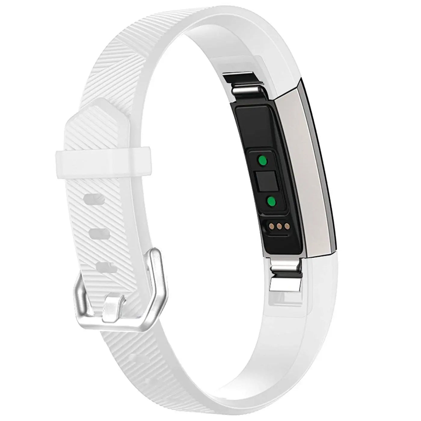 Weißes Silikonarmband für Fitbit Alta/HR, mit silberner Schnalle und integriertem Tracker, schräg von oben.