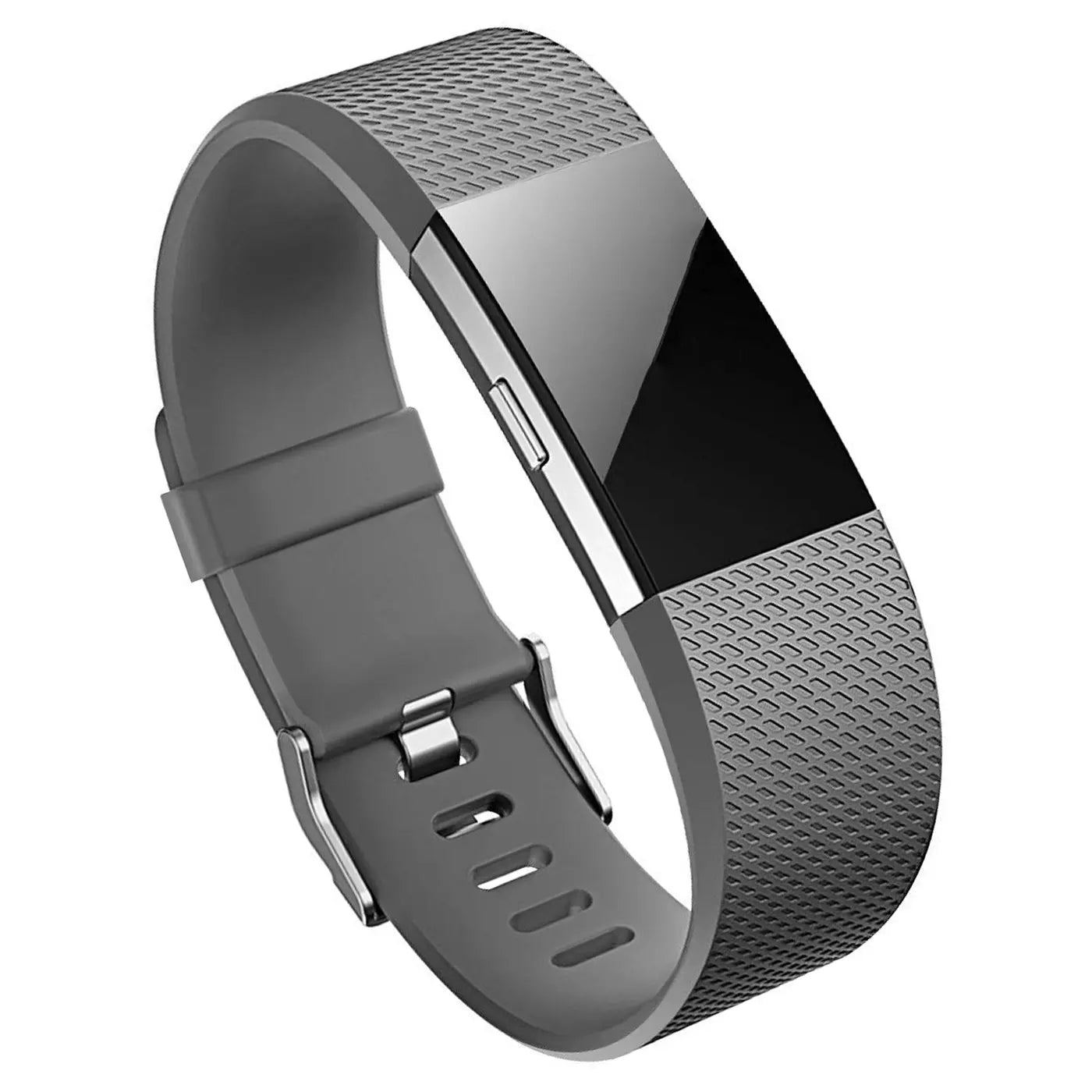 Graues Silikonarmband für Fitbit Charge 2 mit silberner Schnalle, von oben links nach unten rechts geneigt.