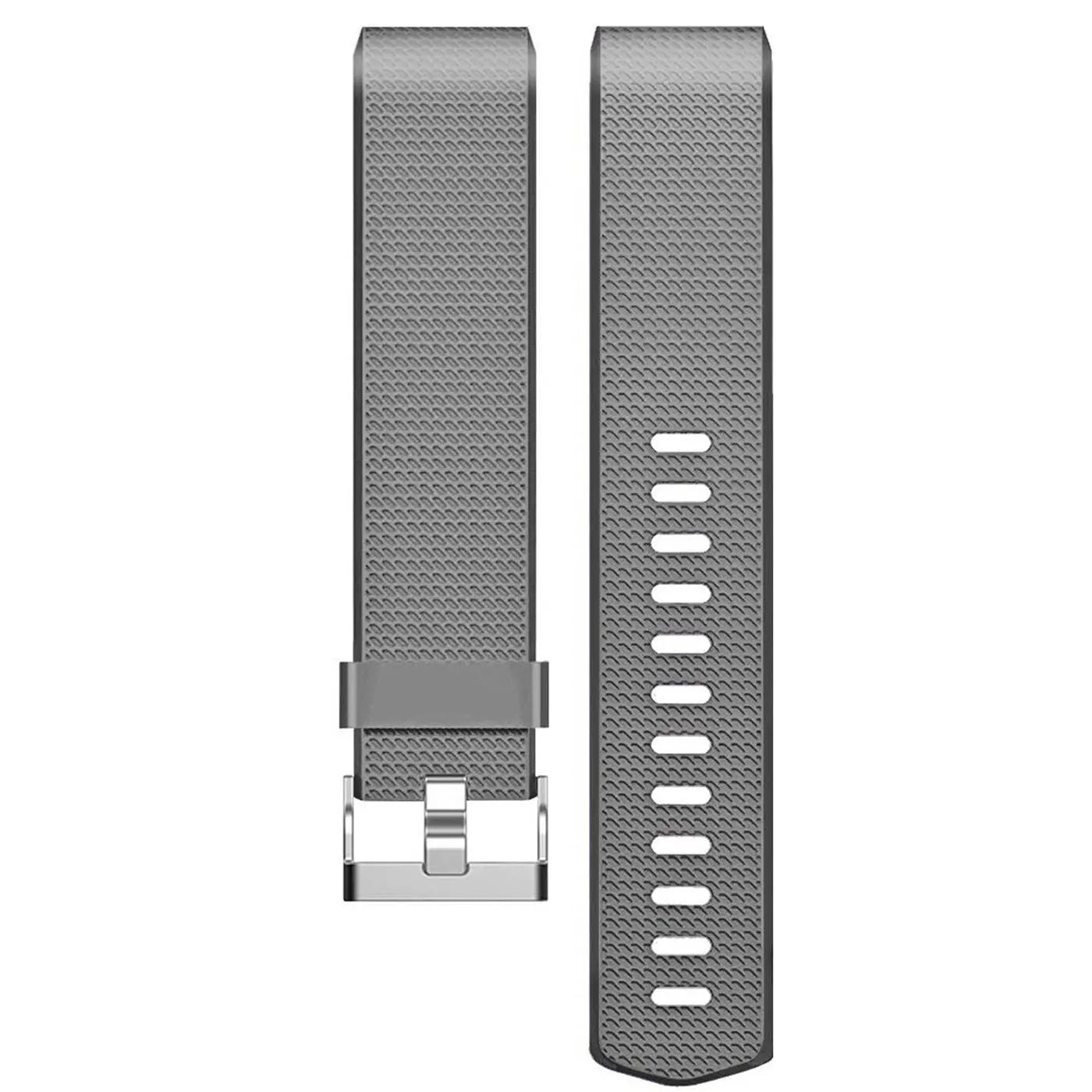 Graues Silikon-Armband für Fitbit Charge 2, von oben. Linkes Band mit silberner Schnalle, rechtes Band mit Löchern.