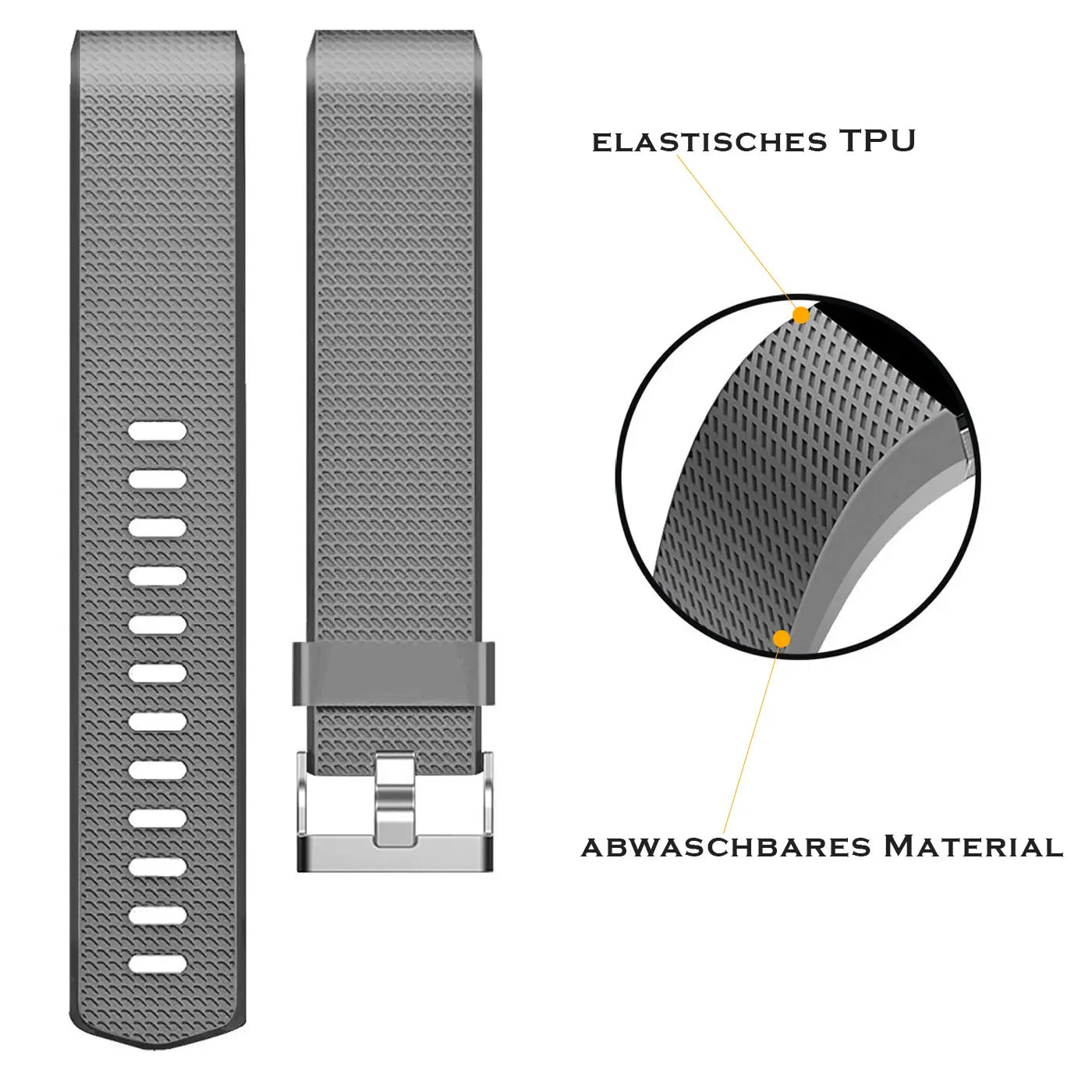Graues, strukturiertes TPU-Armband für Fitbit Charge 2, mit silberner Schnalle und Detailansicht des Materials.