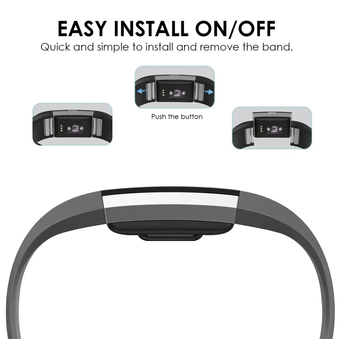 Graues Silikonarmband für Fitbit Charge 2, von unten gesehen. Oben: 3 Detailansichten des Verschlussmechanismus.