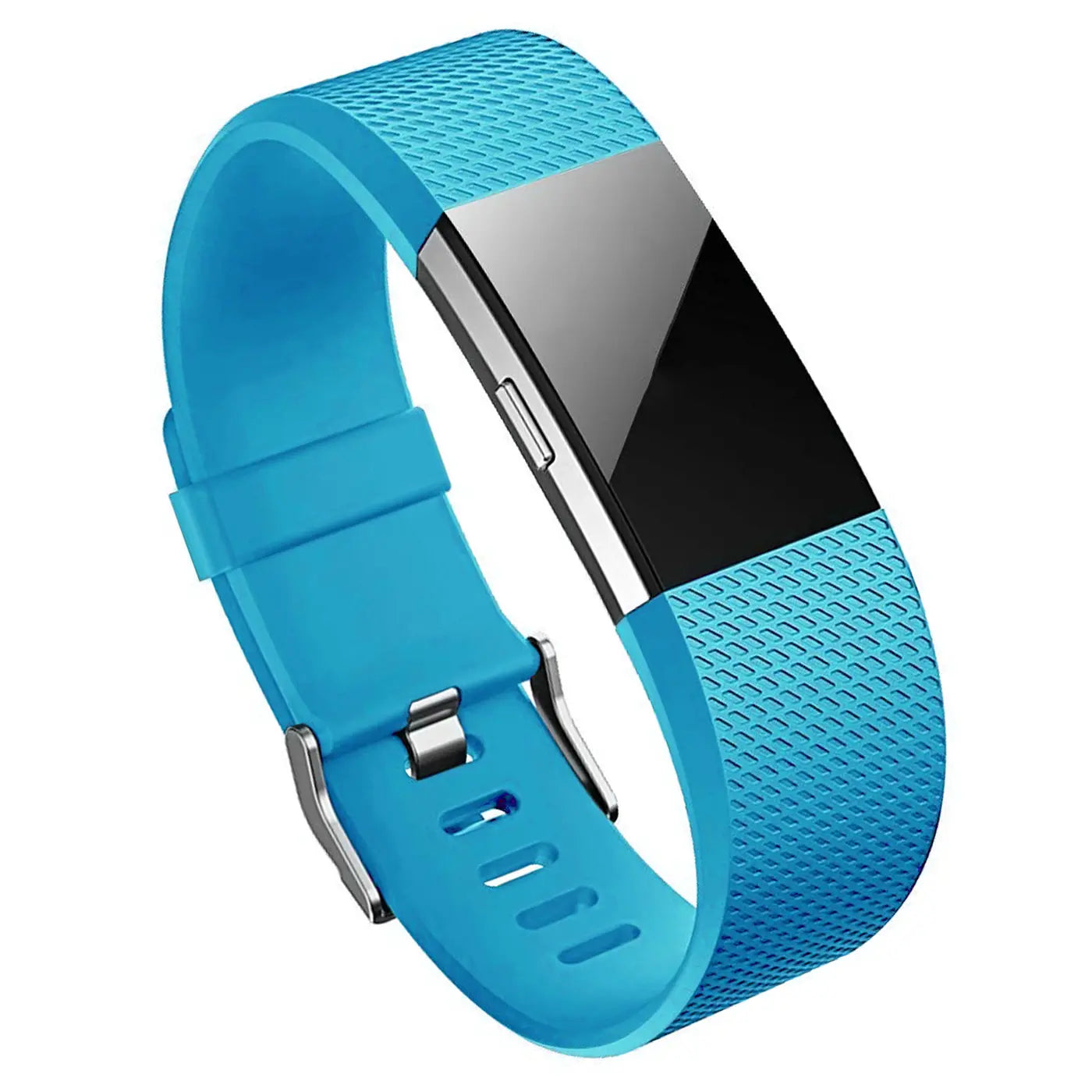 Türkisblaues Silikonarmband für Fitbit Charge 2, mit silberner Schnalle, von oben links nach unten rechts.
