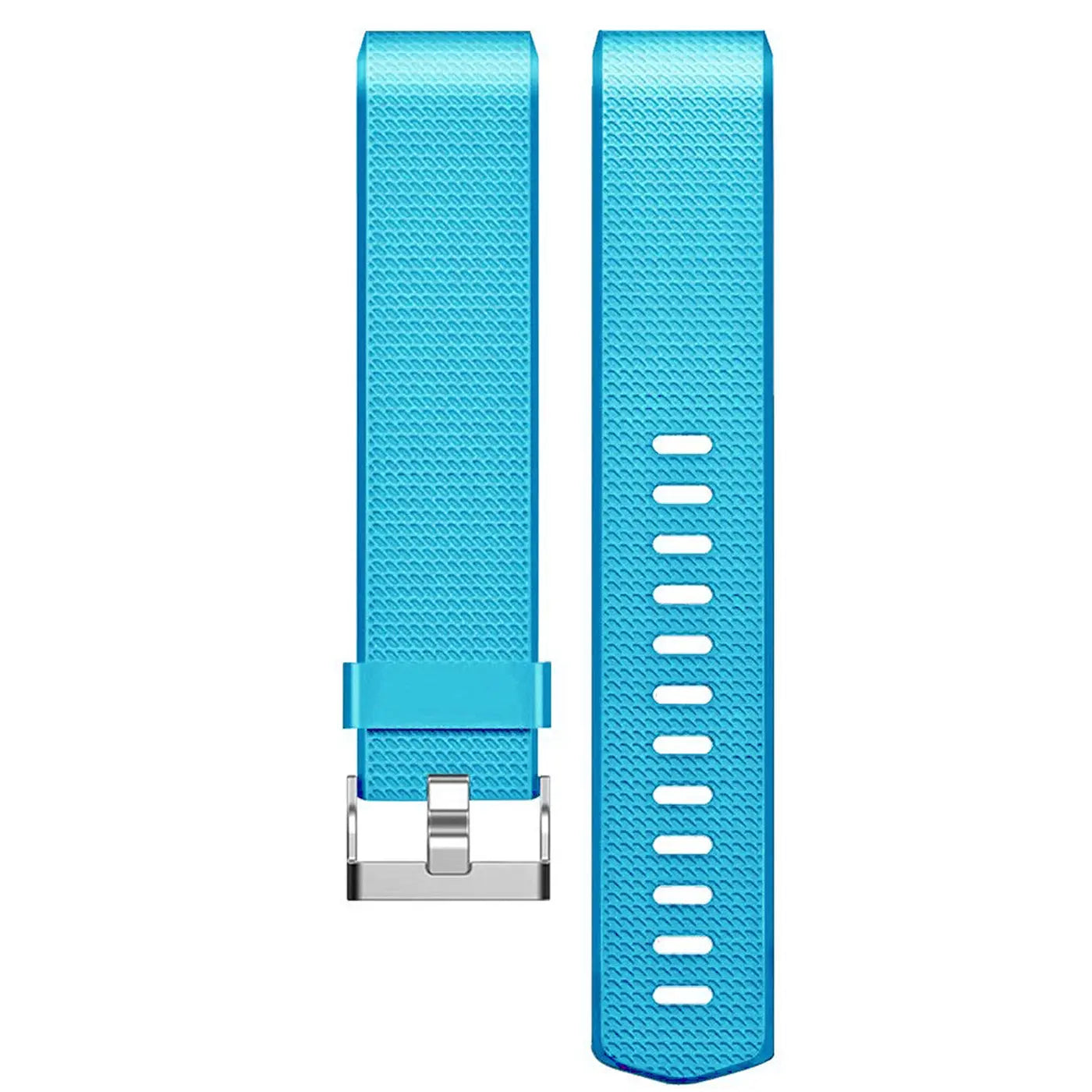 Türkisblaues Silikonarmband für Fitbit Charge 2, von oben, mit silberner Dornschließe und Lochreihe.