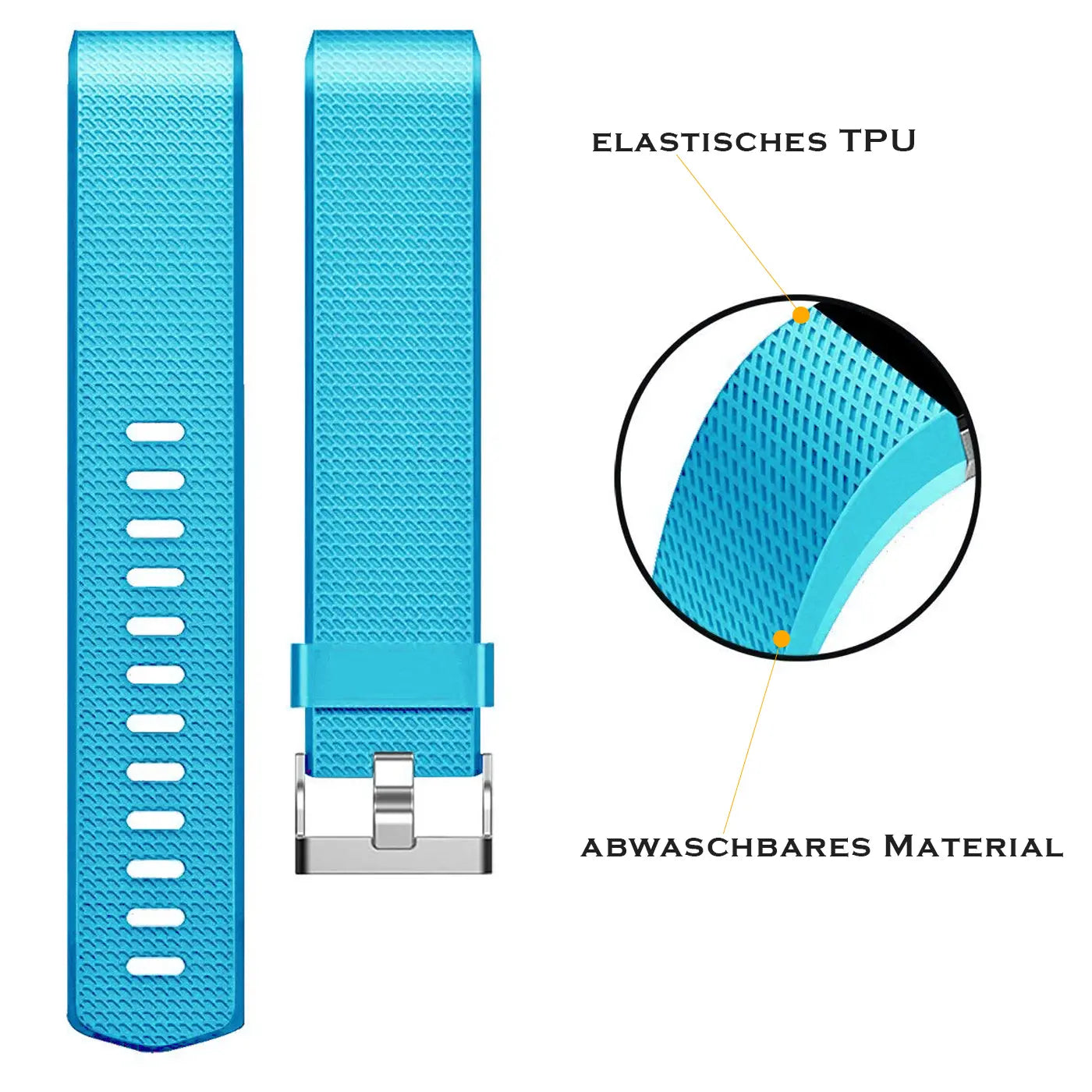 Türkises Silikonarmband für Fitbit Charge 2, von oben, mit silberner Schnalle und Detailansicht der TPU-Struktur.