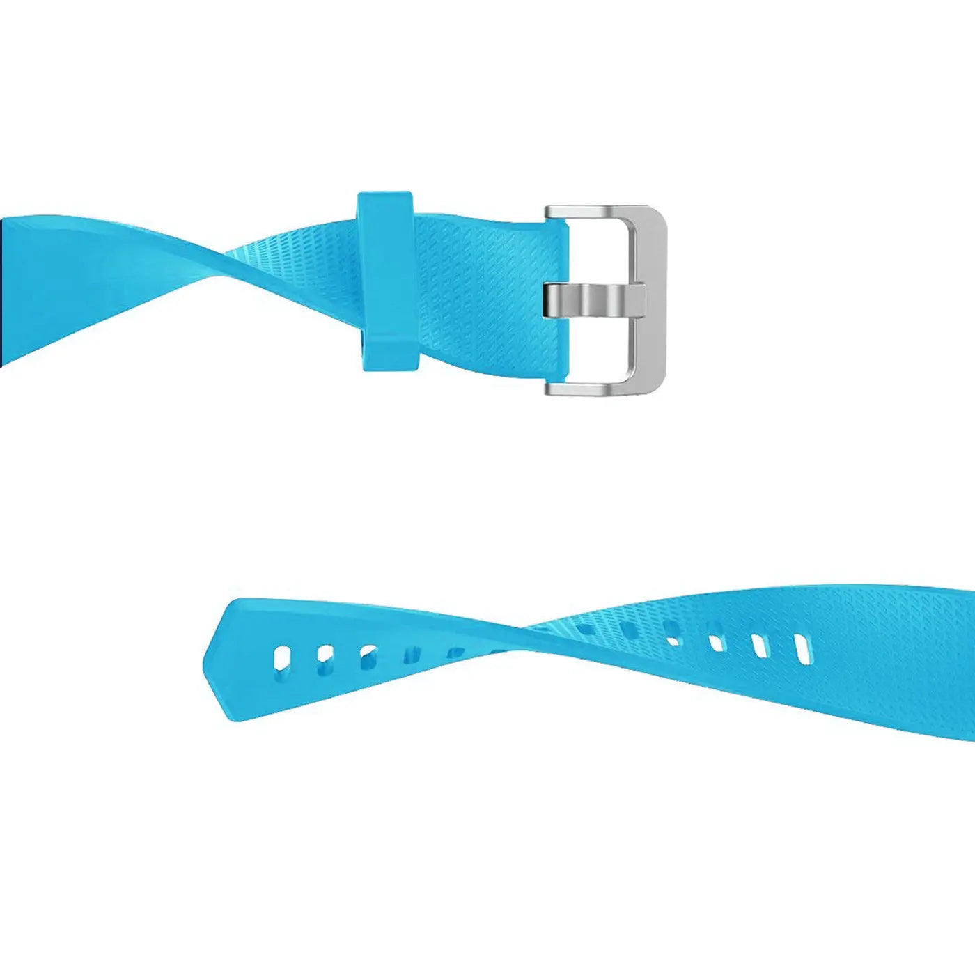 Zwei türkisfarbene, verdrehte Silikonarmbänder für Fitbit Charge 2 mit silberner Dornschließe, von oben.
