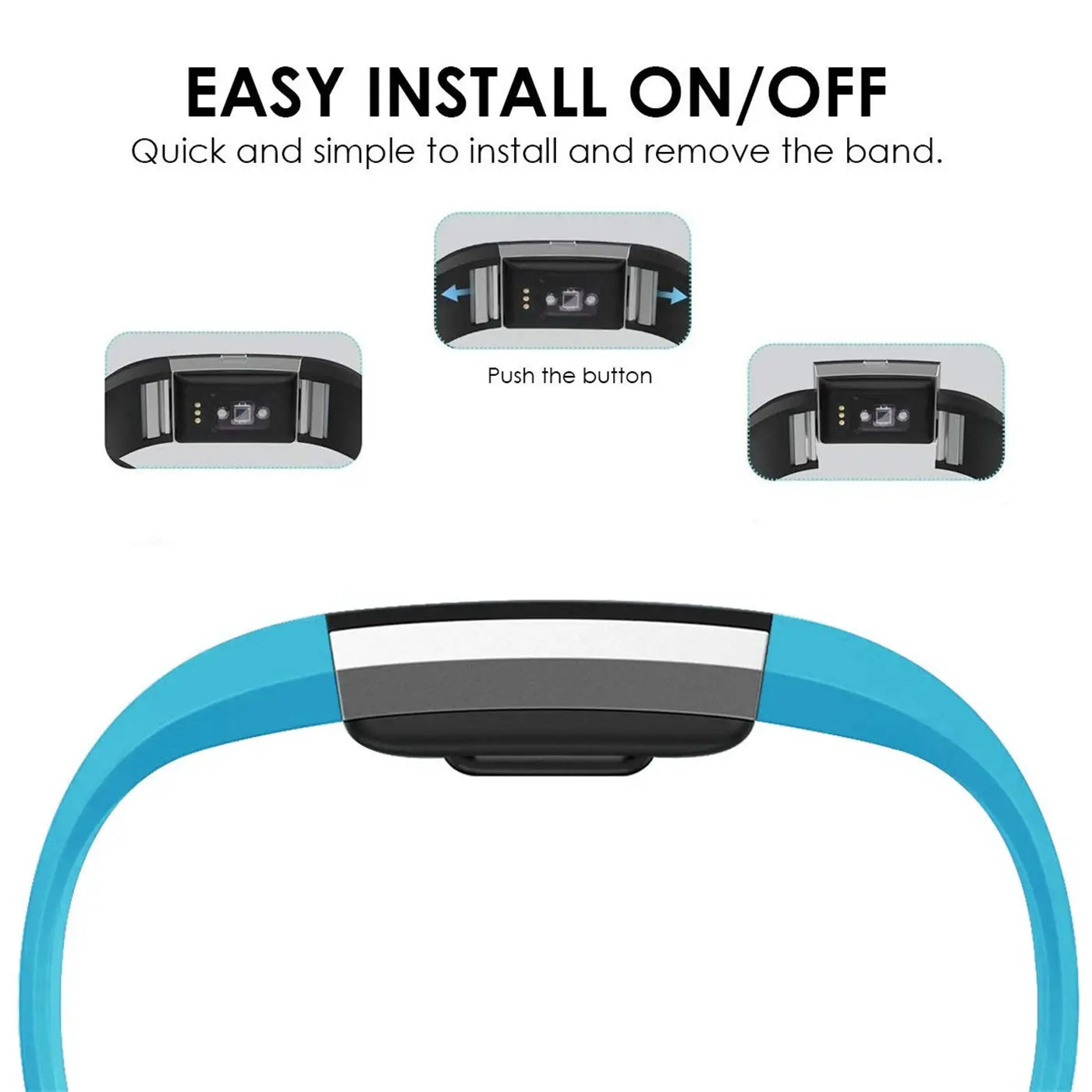 Türkises Silikonarmband für Fitbit Charge 2, von oben gesehen, mit Detailansichten des Befestigungsmechanismus.