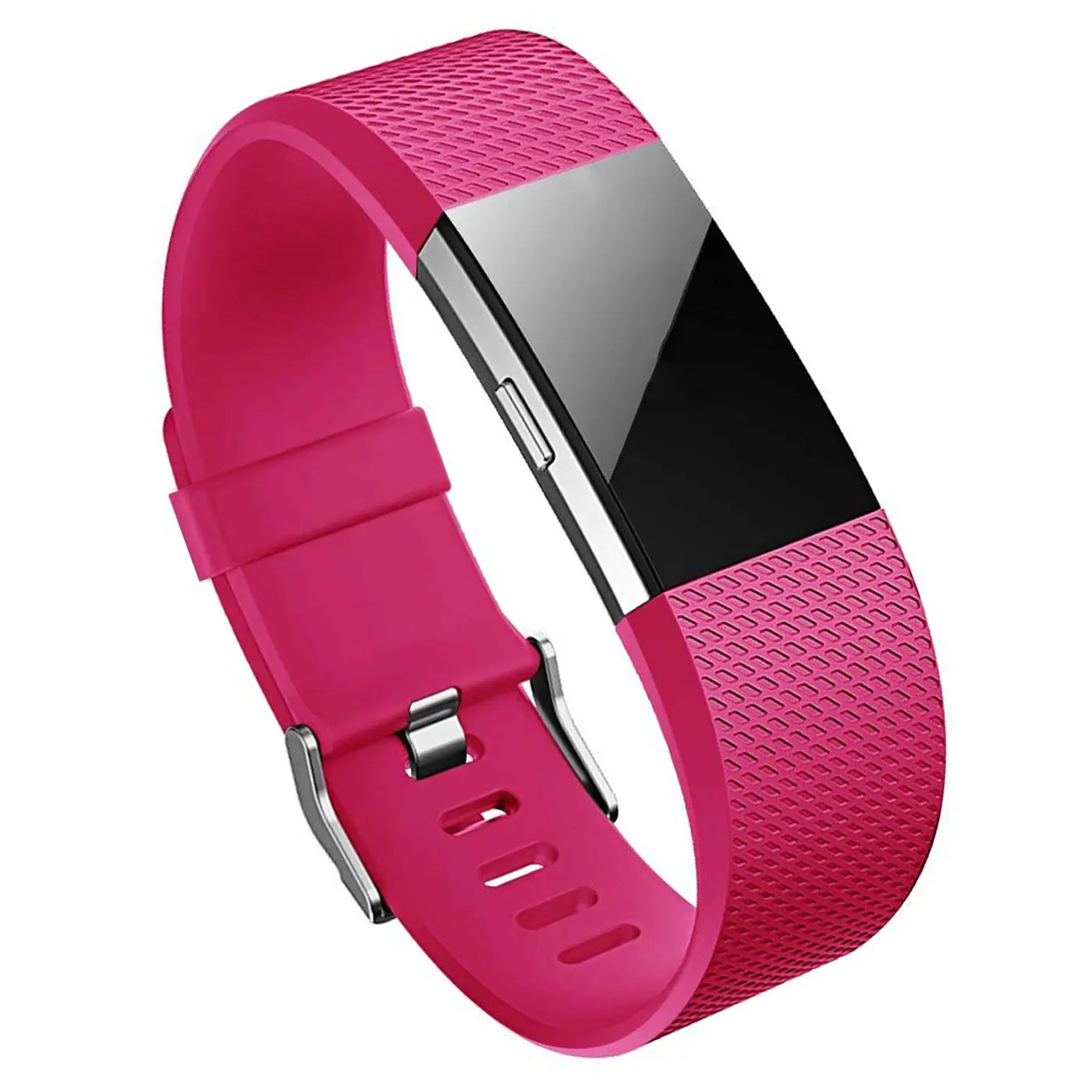 Fitbit Charge 2 mit fuchsiafarbenem Silikonarmband und silberner Dornschließe, schräg von oben.