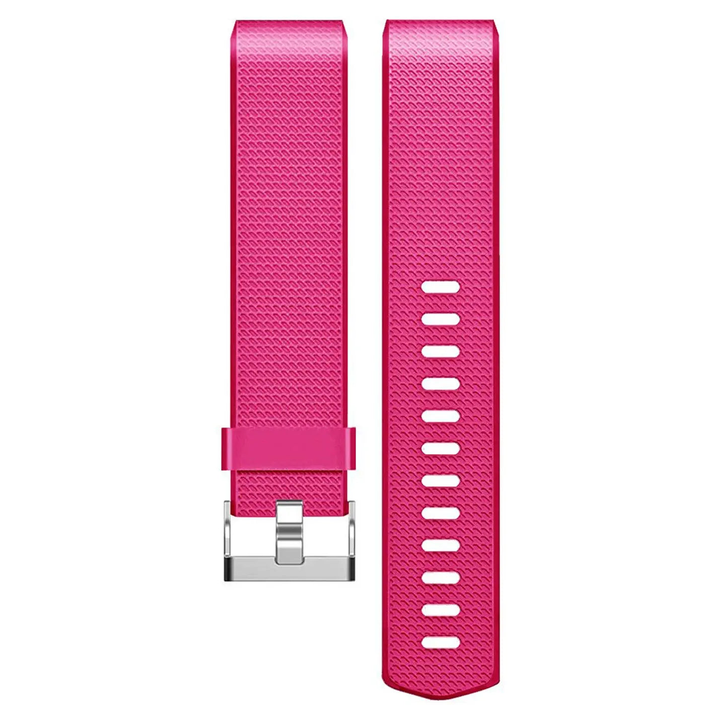 Fuchsiafarbenes Silikon-Armband für Fitbit Charge 2, mit silberner Schnalle und Lochreihe, von oben fotografiert.