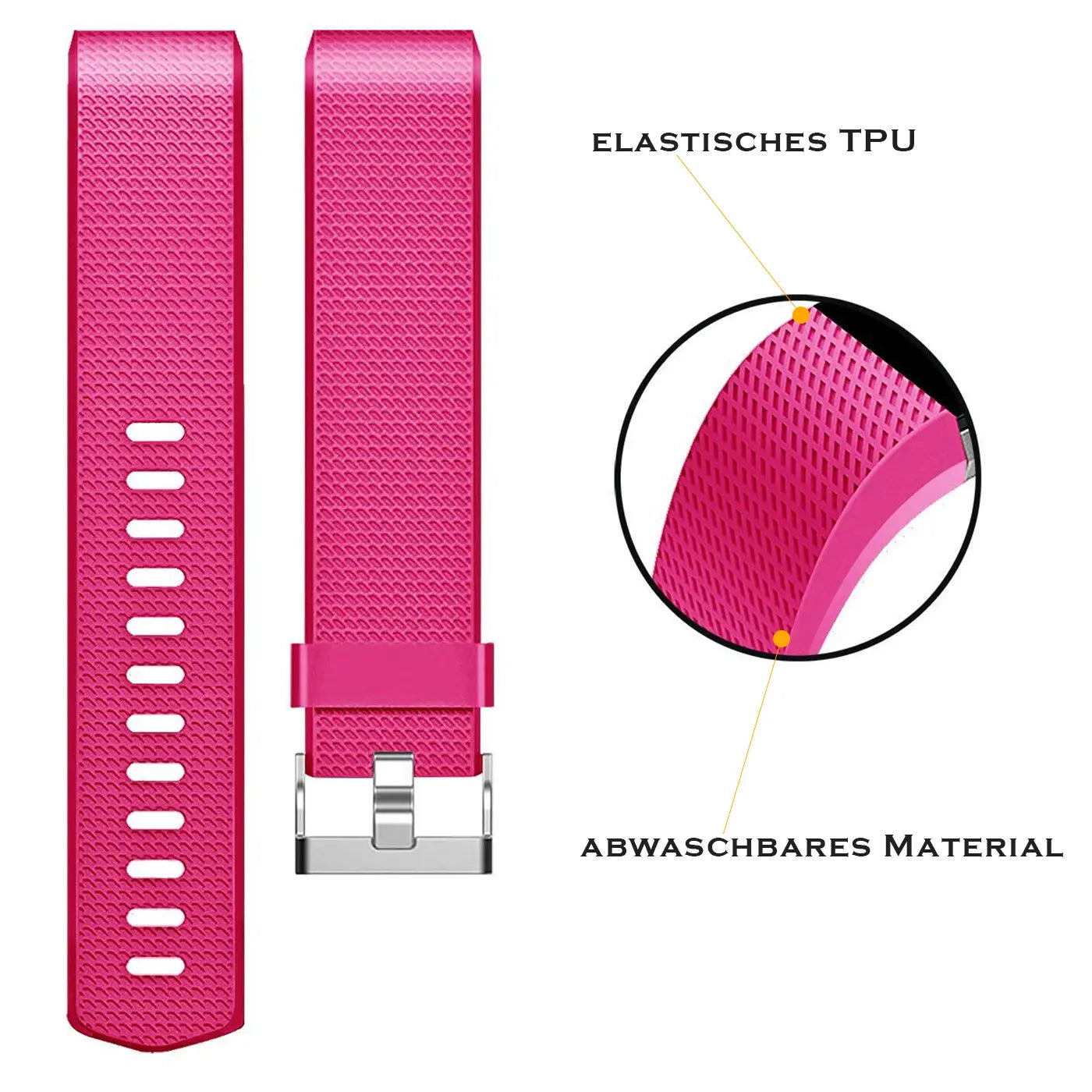 Pinkes, strukturiertes TPU-Armband für Fitbit Charge 2, von oben, mit silberner Schnalle und Detailansicht des Materials.