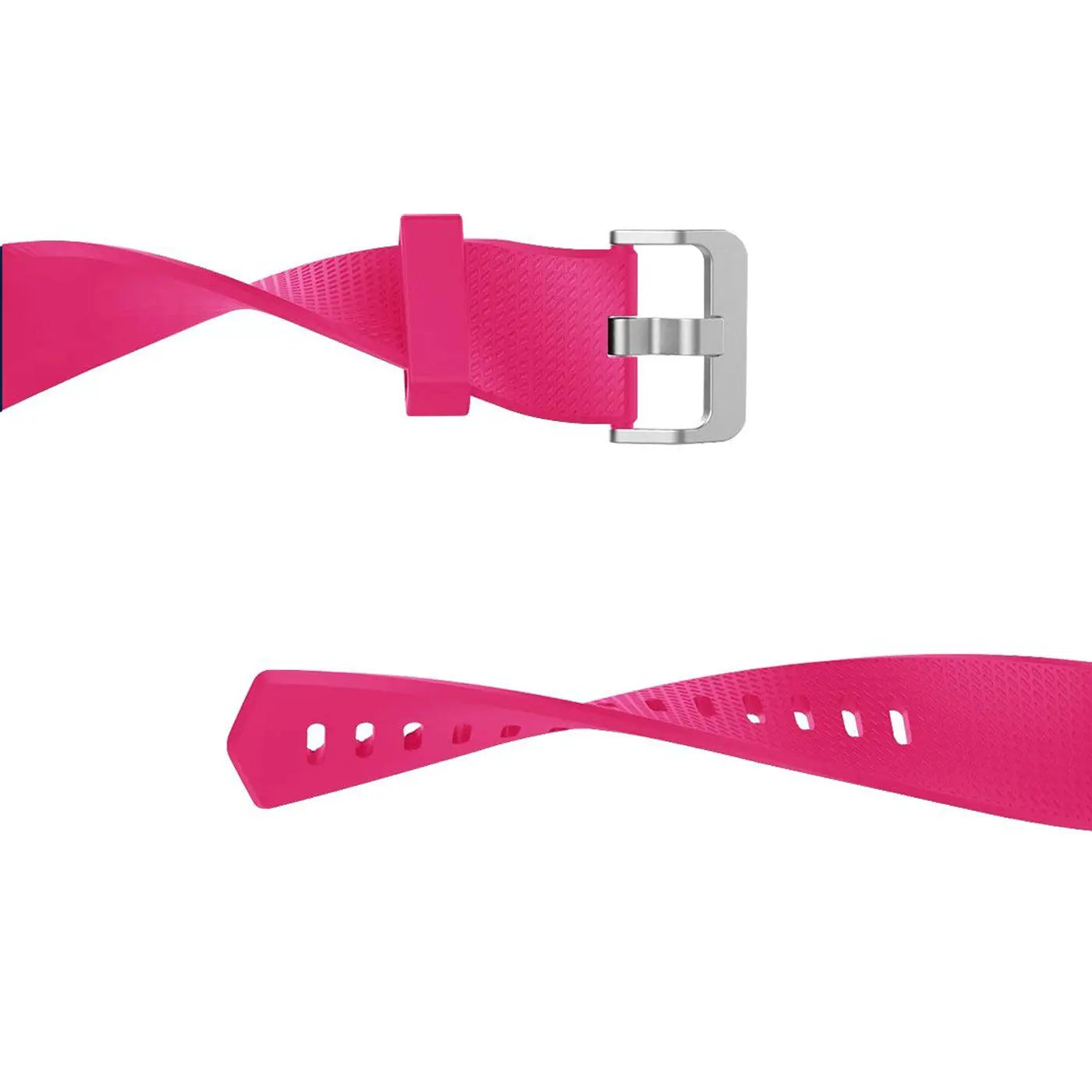 Zweifarbiges, pinkes Silikonarmband für Fitbit Charge 2, mit silberner Schnalle, von oben, auf weißem Hintergrund.
