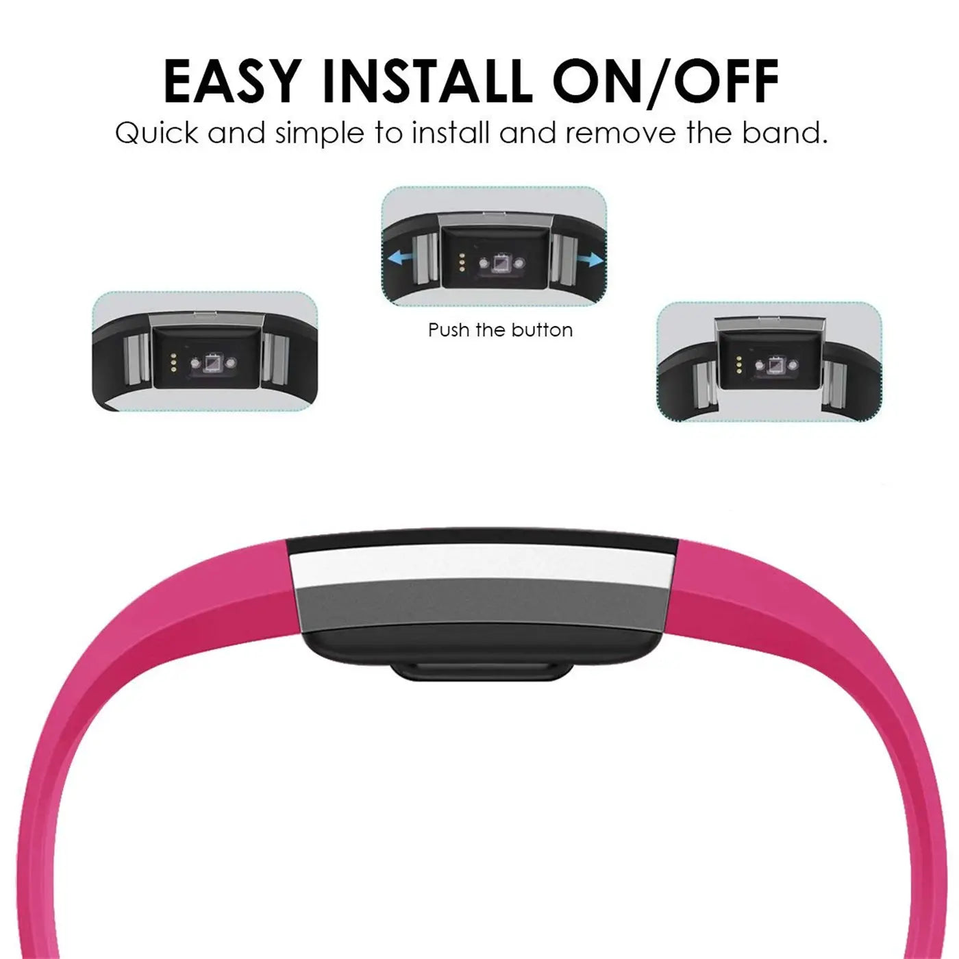 Detailansicht eines pinken Silikonarmbands für Fitbit Charge 2, von oben. Oben 3 Bilder zum Anbringen des Geräts.