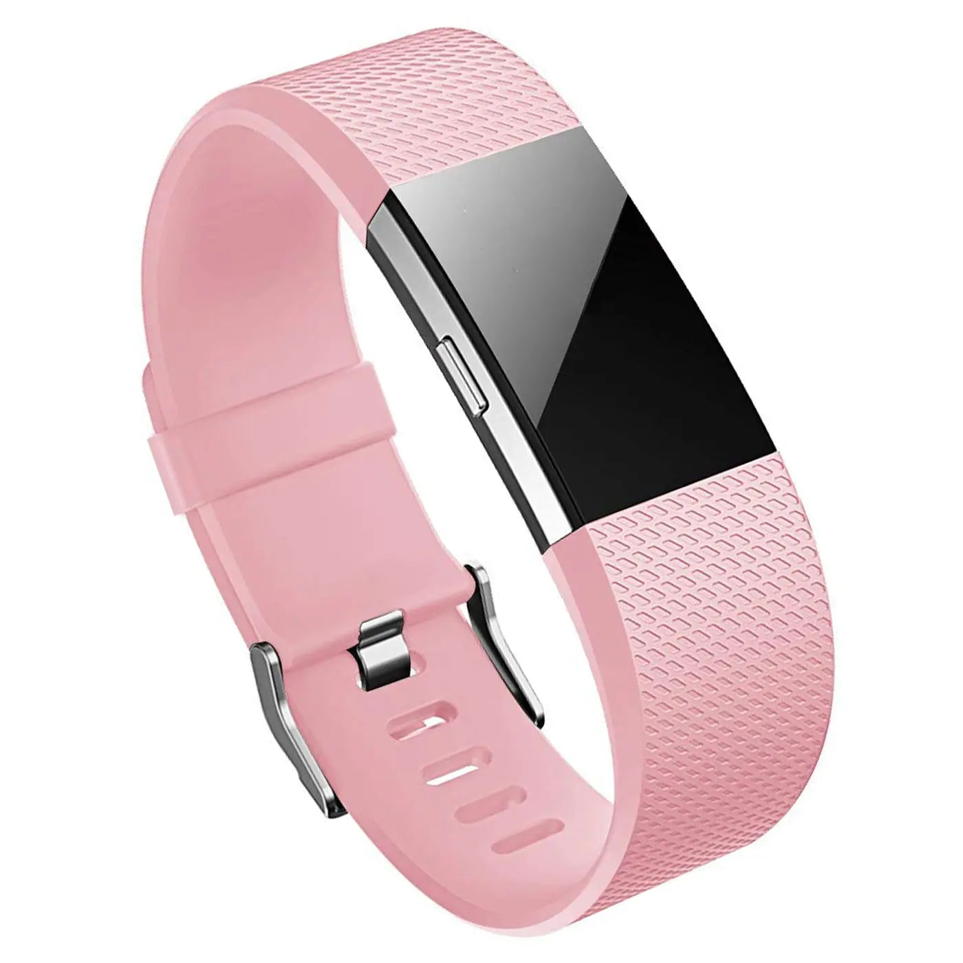 Fitbit Charge 2 mit rosa Silikonarmband und silberner Schnalle, leicht schräg von oben rechts fotografiert.