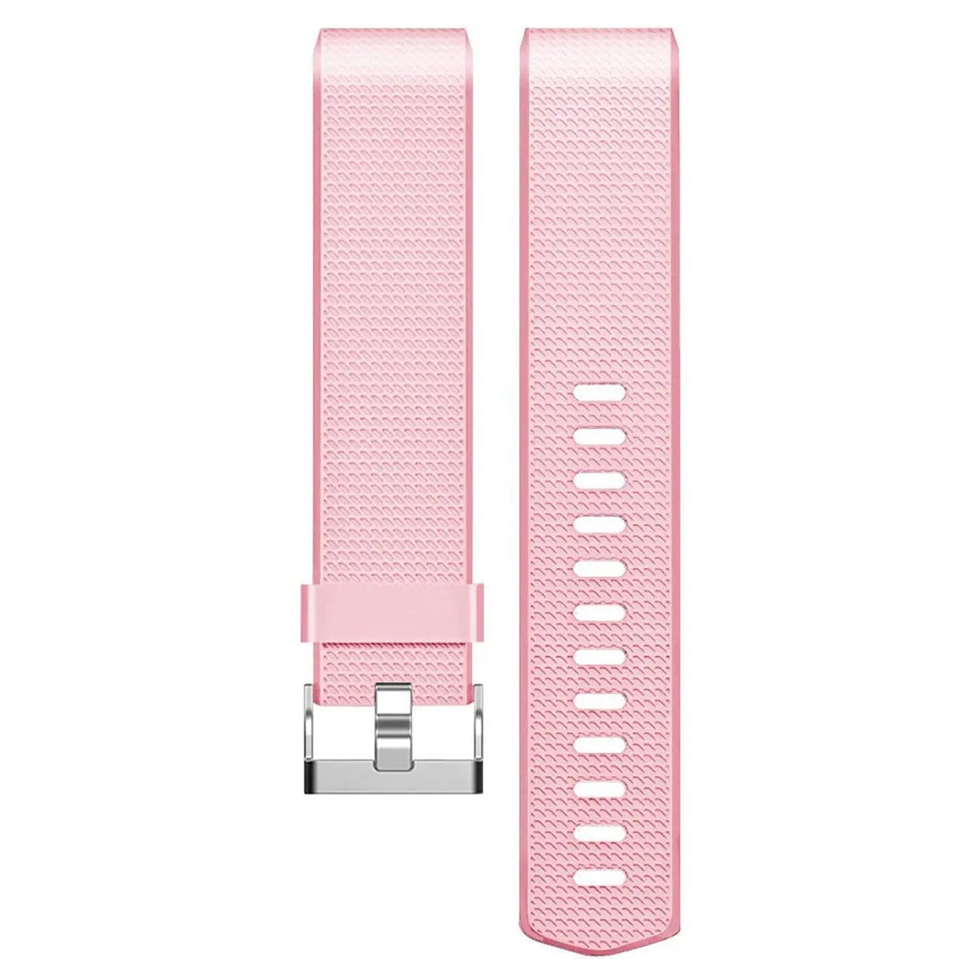 Zweiteiliges, rosa Silikon-Armband für Fitbit Charge 2, mit silberner Schnalle und Lochmuster, von oben.