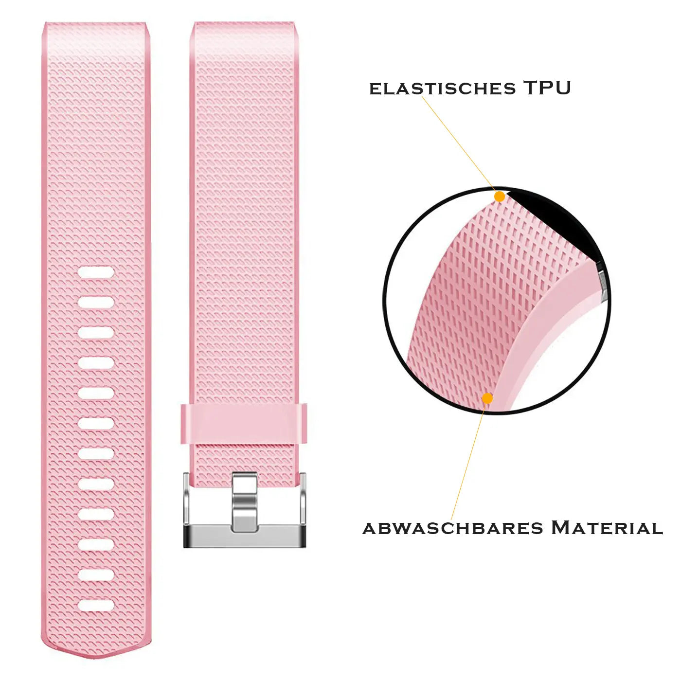 Fitbit Charge 2 Armband, rosa, aus strukturiertem TPU-Silikon, mit silberner Schnalle, von oben.