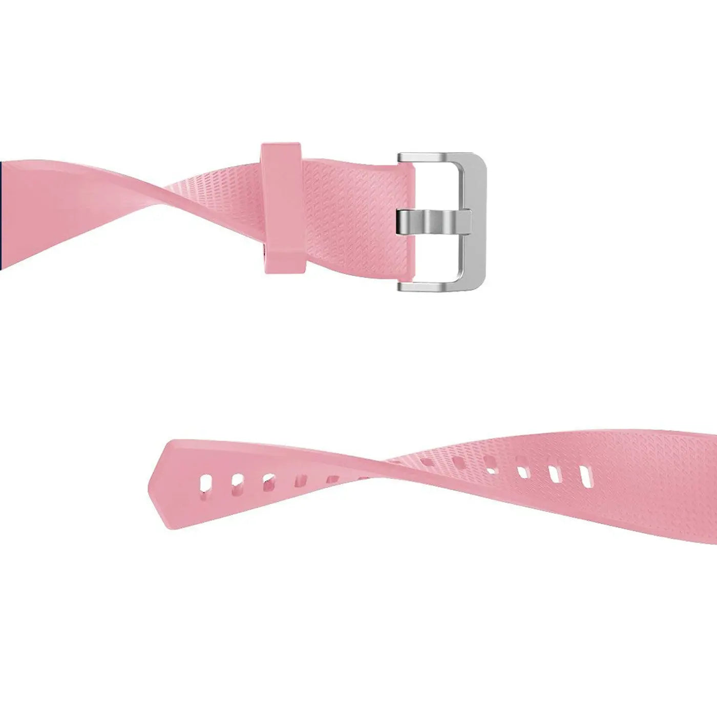 Zwei pinke Silikon-Armbandteile für Fitbit Charge 2, von oben, mit silberner Schnalle und Lochmuster, leicht verdreht.