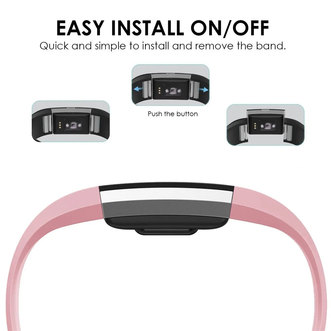 Rosa Silikonarmband für Fitbit Charge 2, von oben. Drei Detailbilder zeigen den An- und Abbau des Armbands.