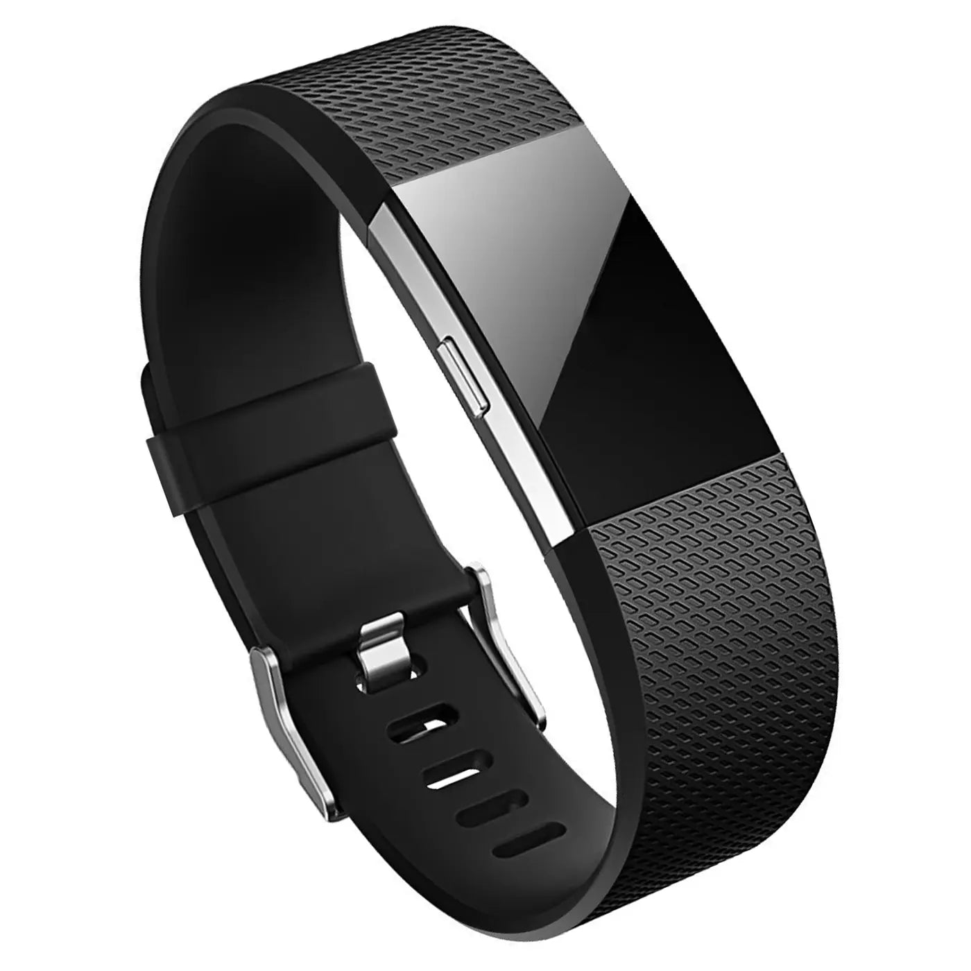 Schwarzes Silikonarmband für Fitbit Charge 2, mit silberner Schnalle und strukturiertem Muster, schräg von oben.