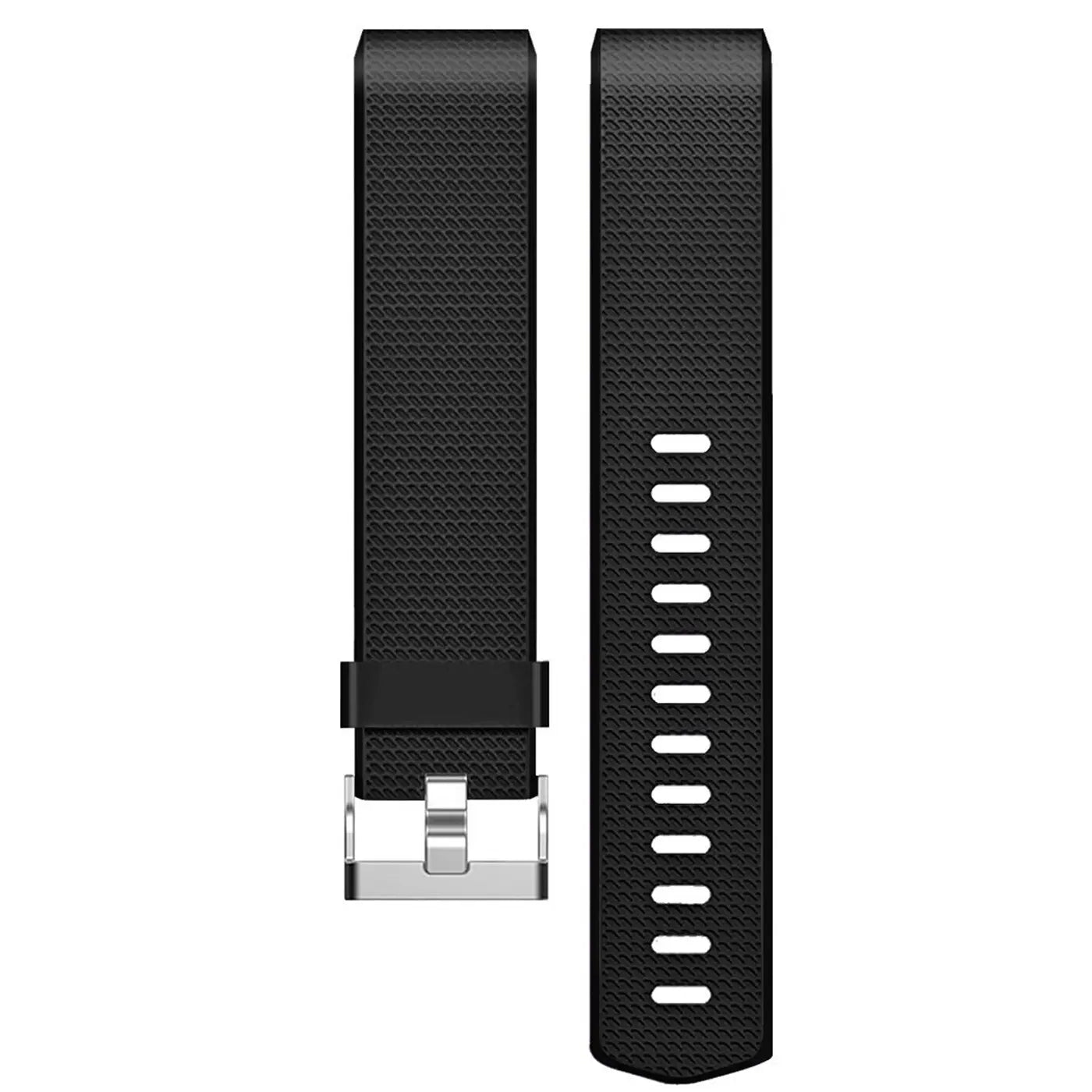 Schwarzes Silikon-Armband für Fitbit Charge 2, mit silberner Dornschließe, von oben fotografiert.